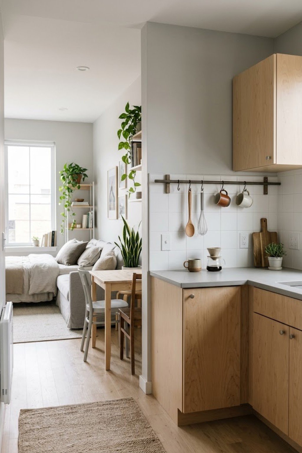 Hang a rail with hooks in a small studio apartment