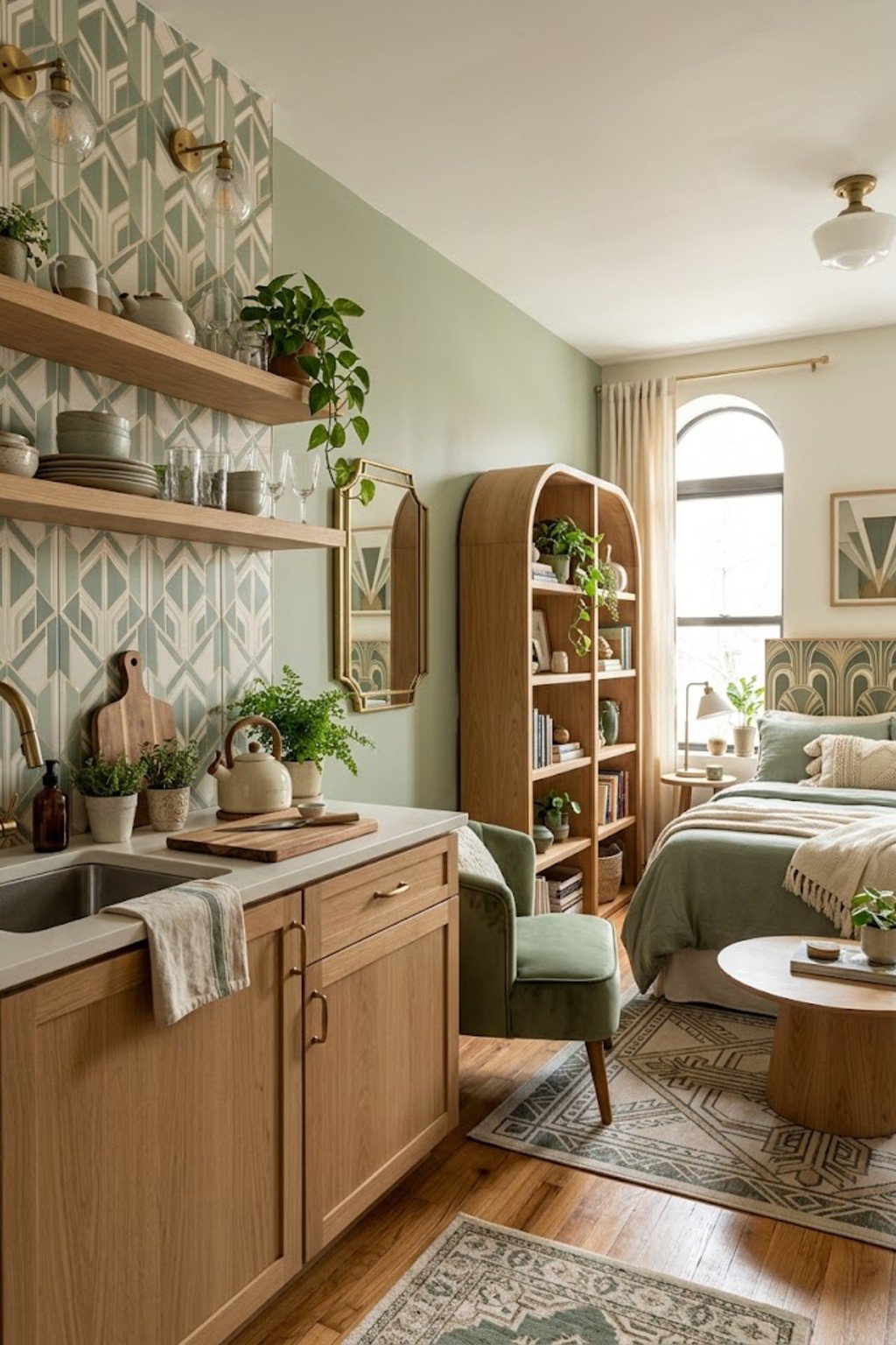 Add a peel-and-stick backsplash in a small studio apartment