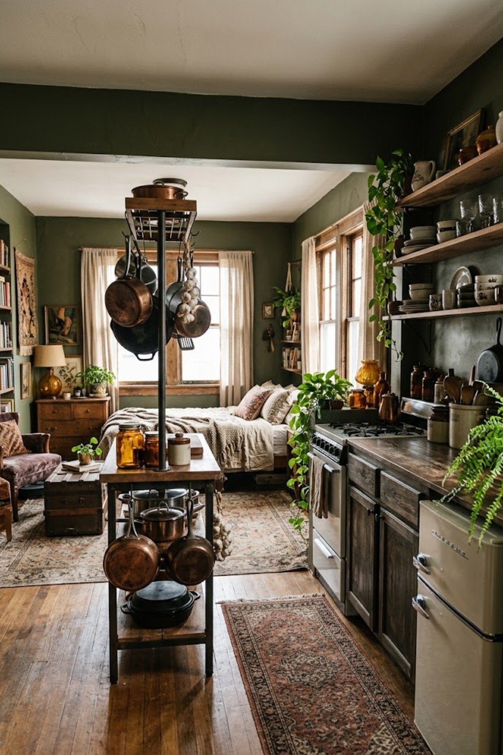 Store pans on a pot rack in a small studio apartment