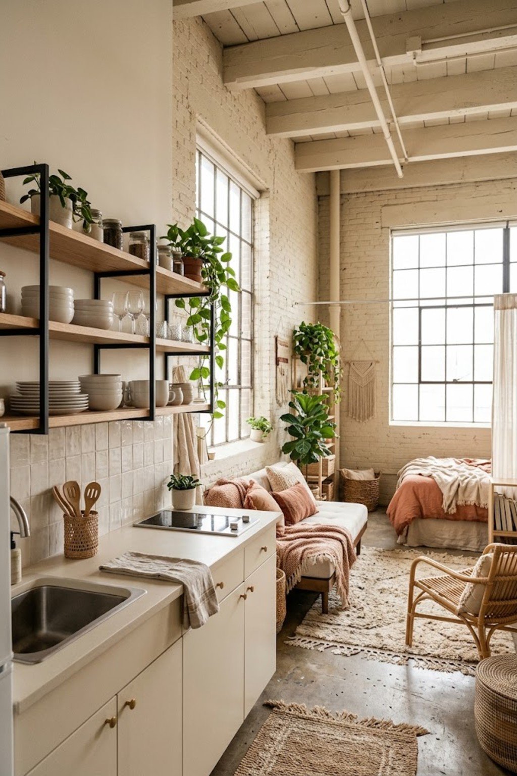 Use open shelves for dishes in a small studio apartment