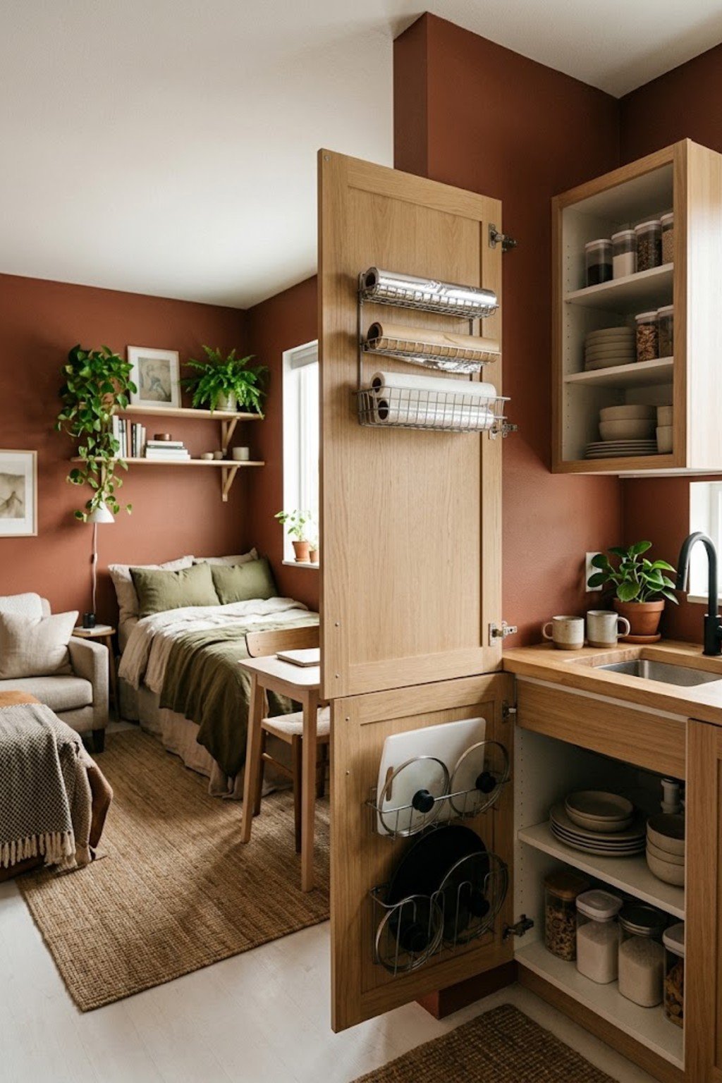 Add cabinet door organizers in a small studio apartment