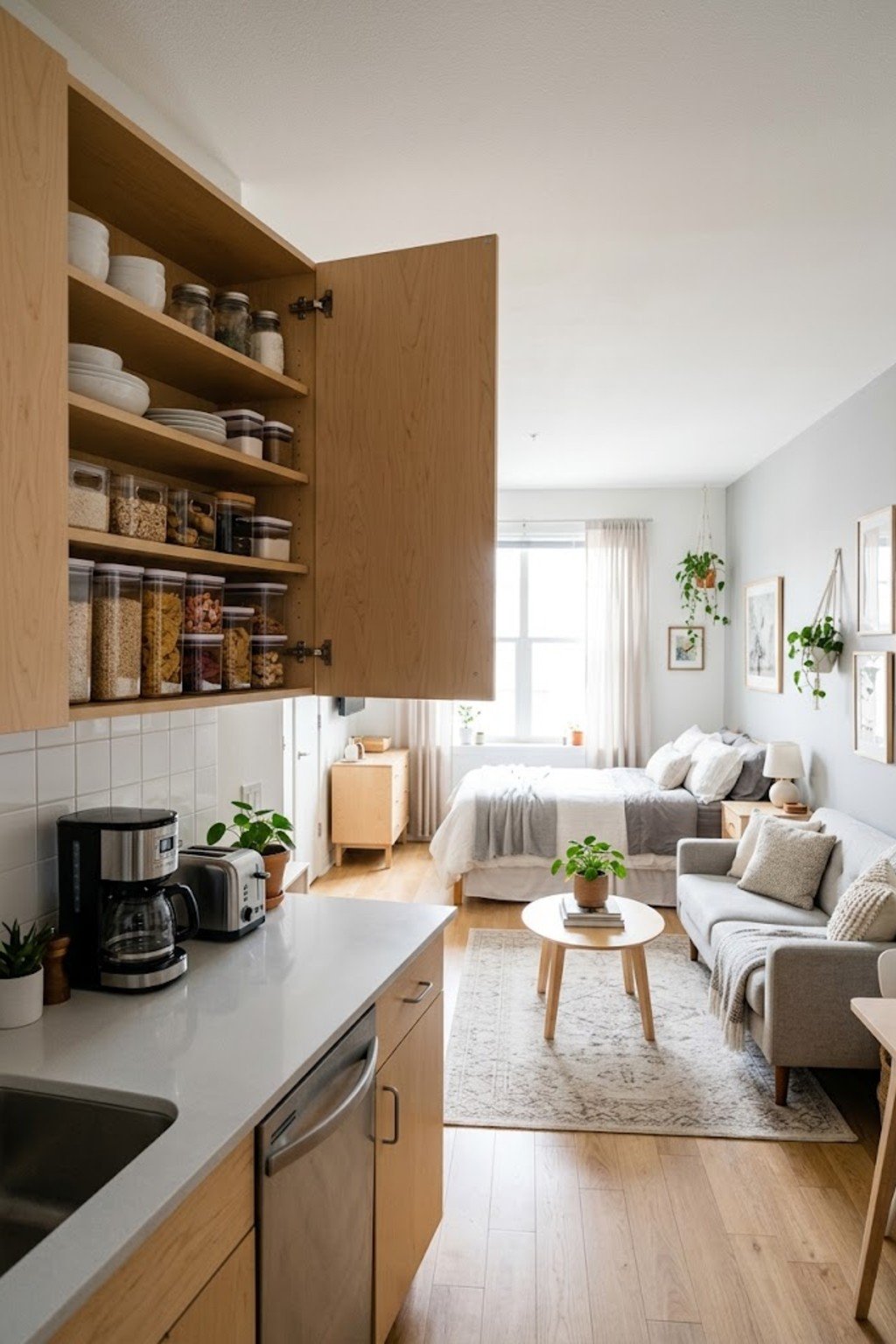 Use stackable pantry bins in a small studio apartment