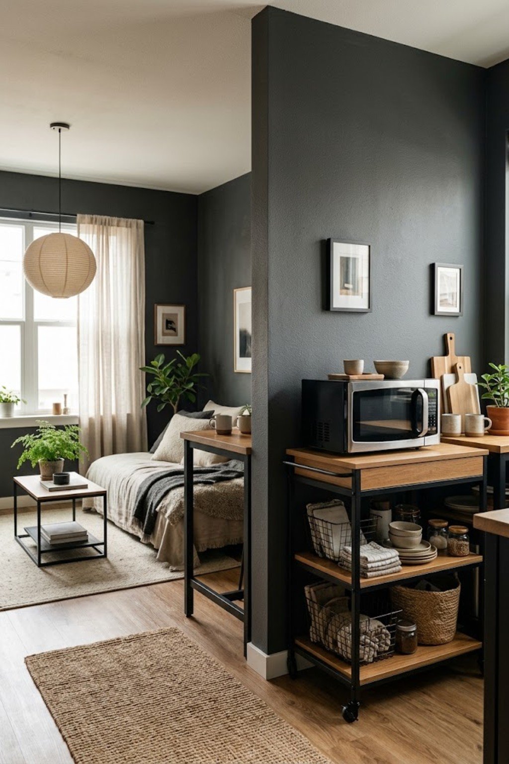 Use a microwave cart in a small studio apartment