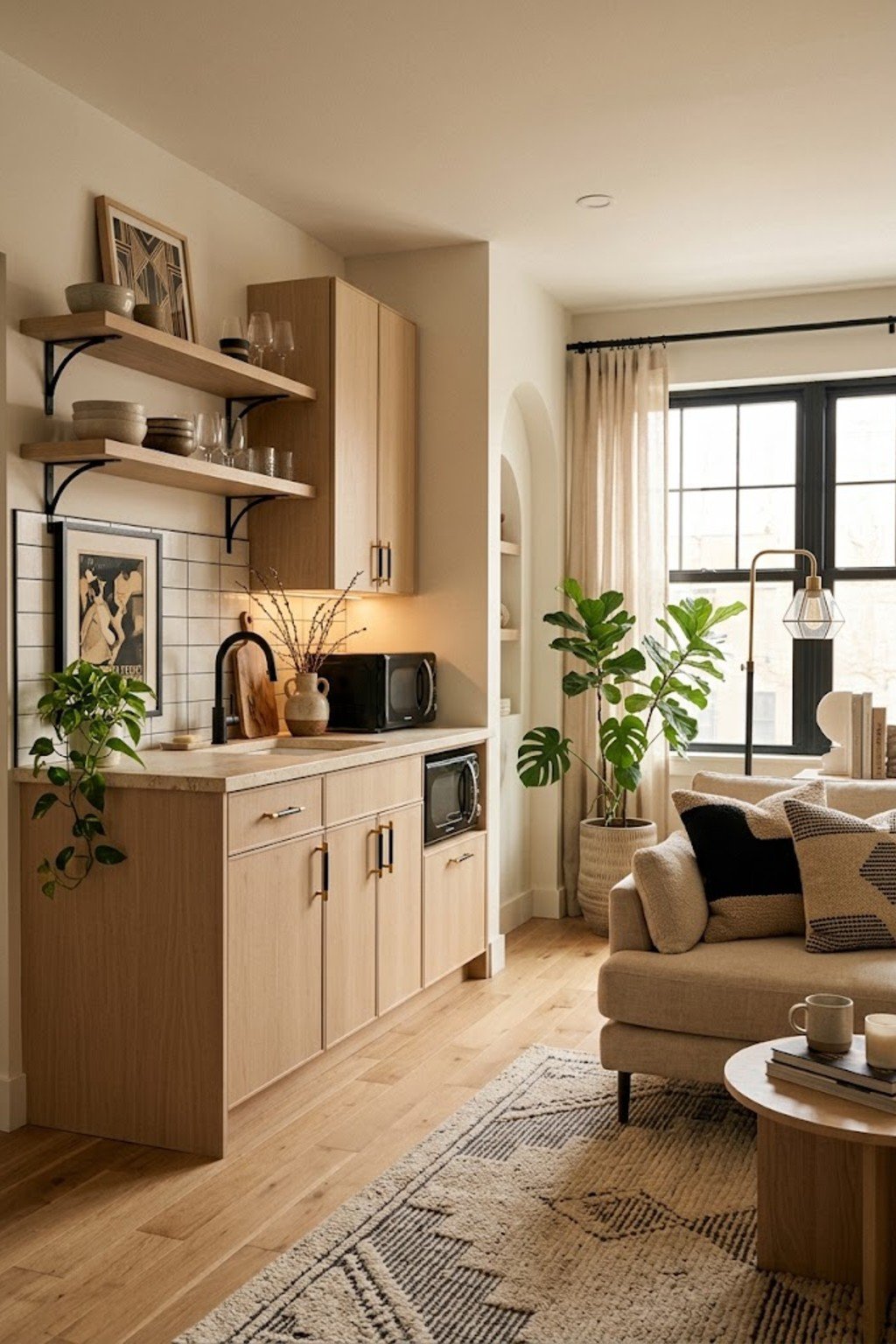 Style the kitchen like part of the living room in a small studio apartment