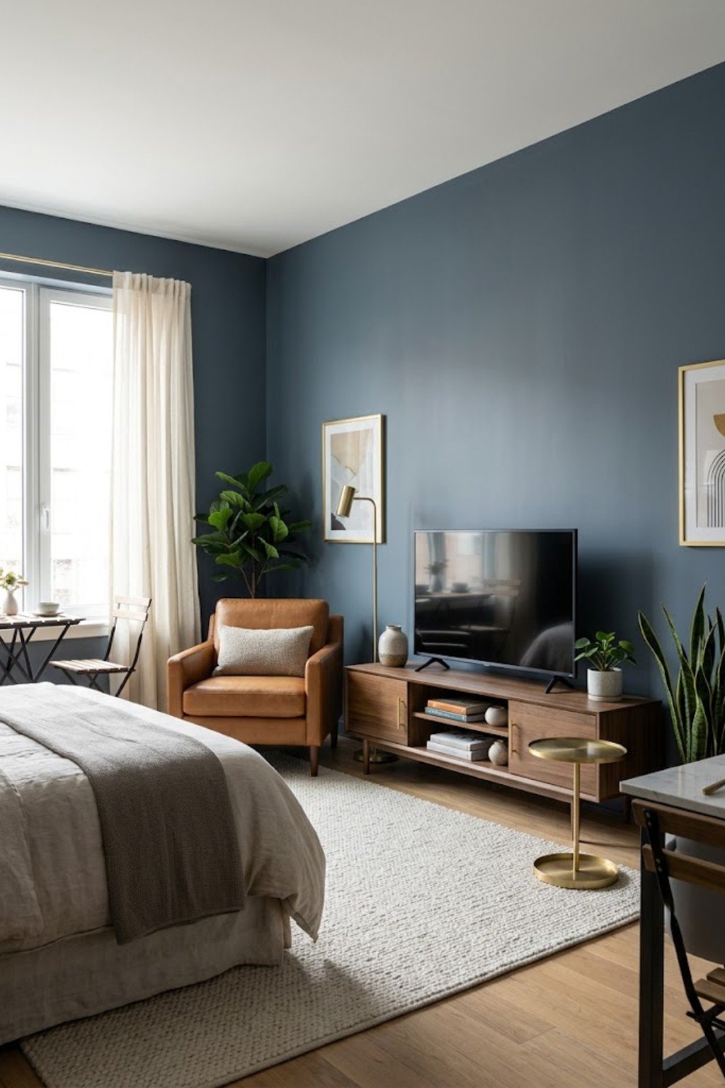 Mount the TV or use a slim stand in a small studio apartment