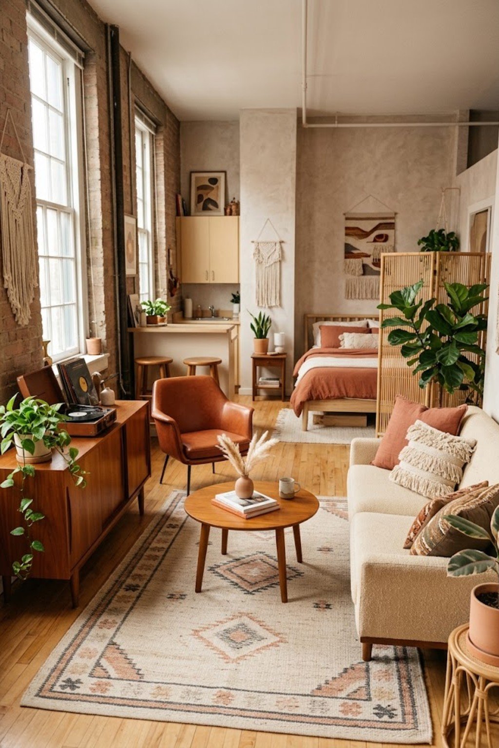 Anchor the area with a rug in a small studio apartment