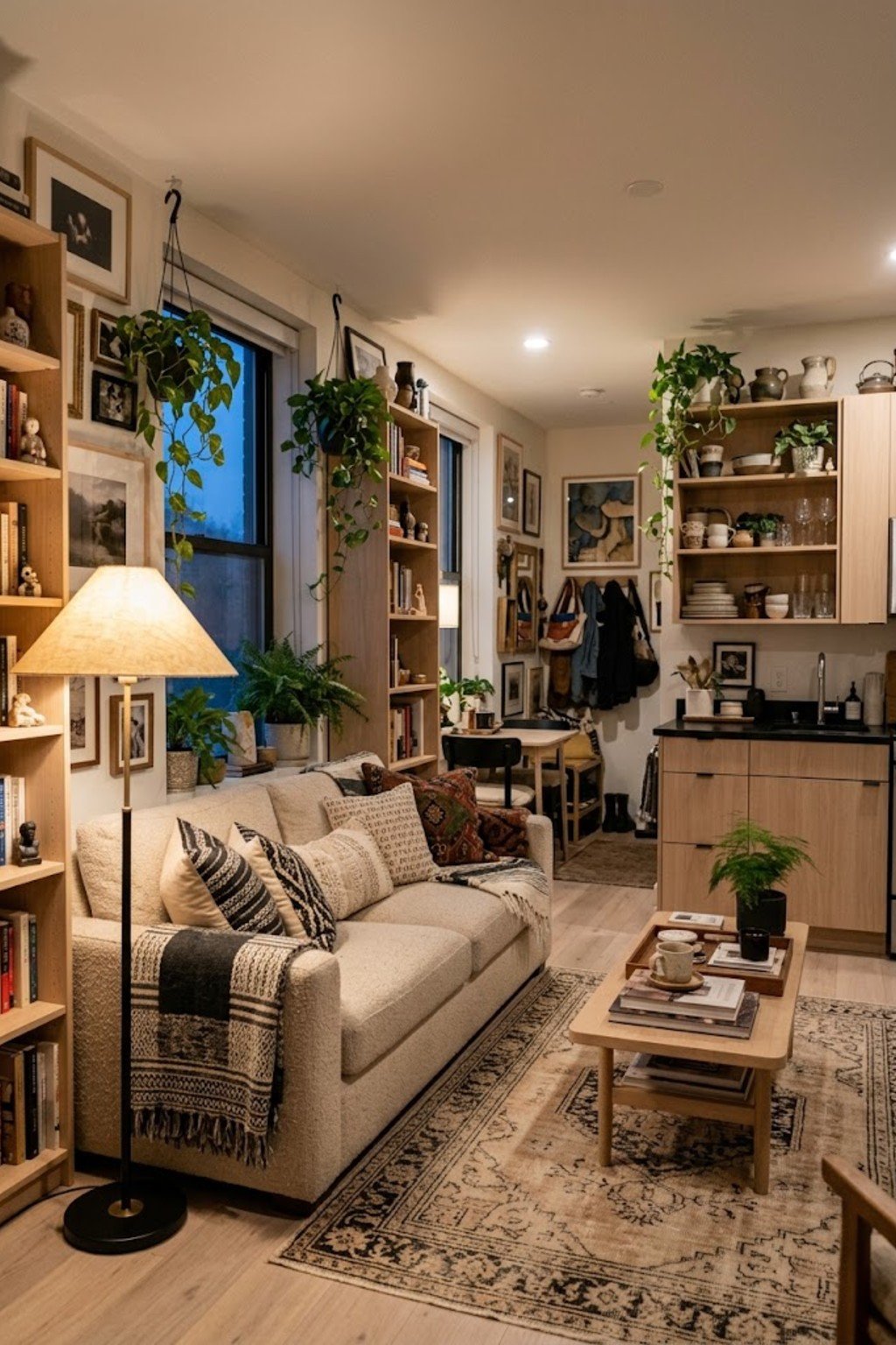 Use a floor lamp for warm light in a small studio apartment