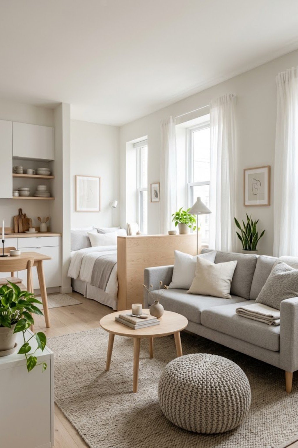 Use a pouf as extra seating in a small studio apartment