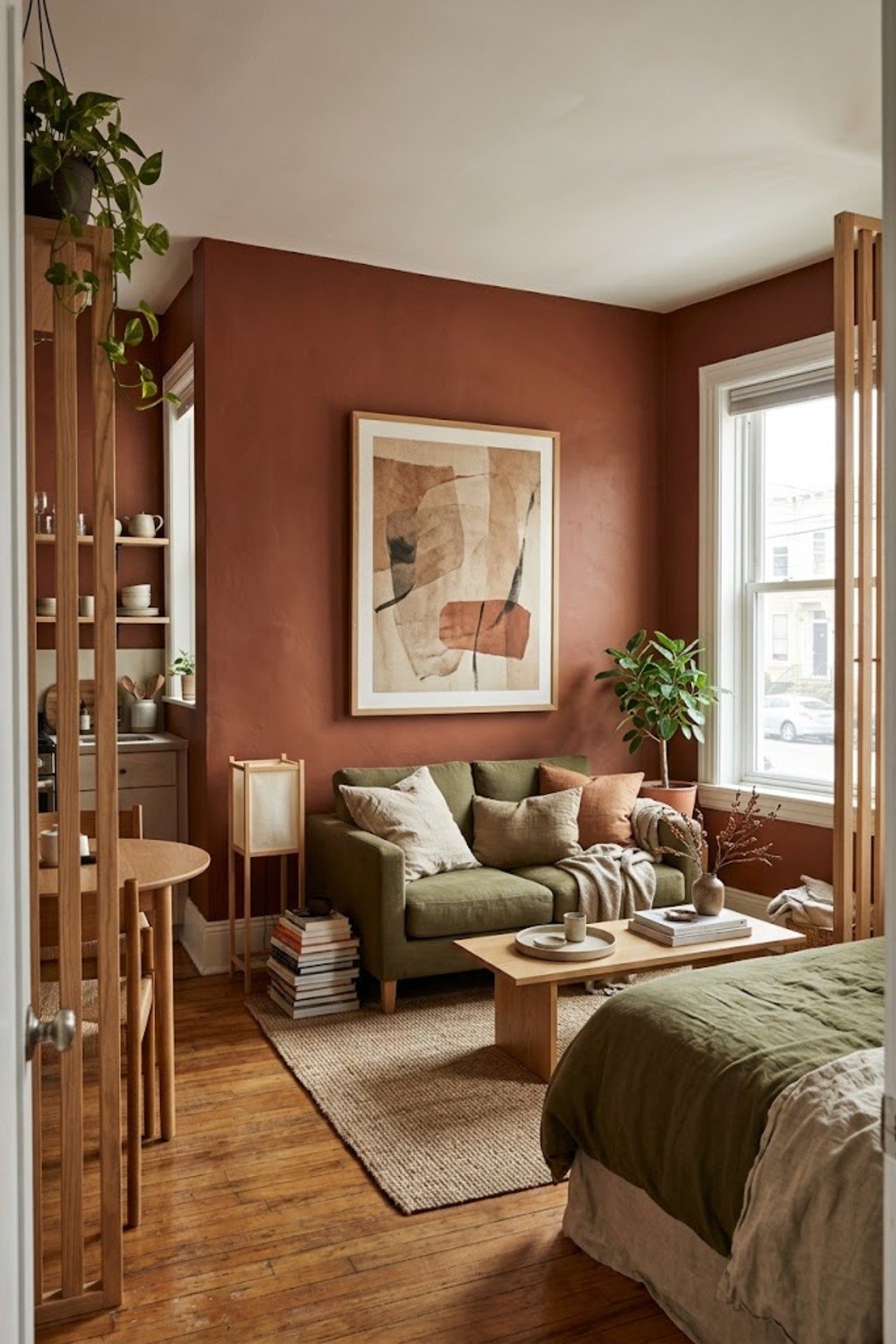 Hang a large piece of art in a small studio apartment