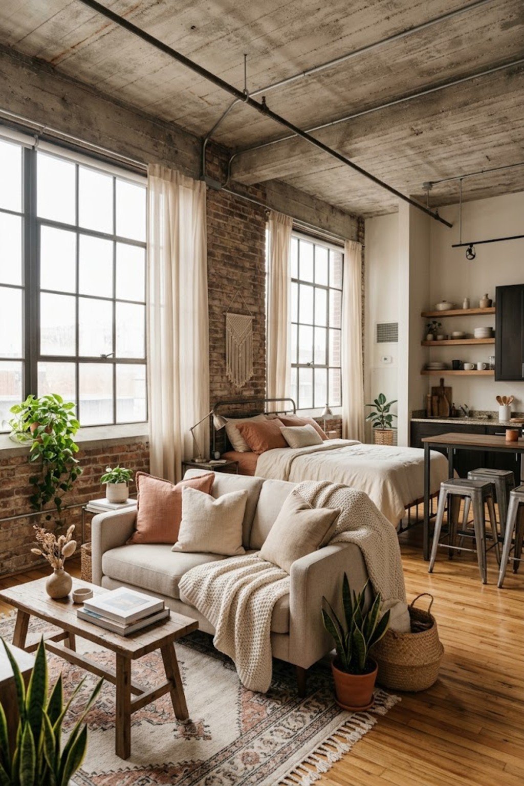 Layer throw pillows and a blanket in a small studio apartment