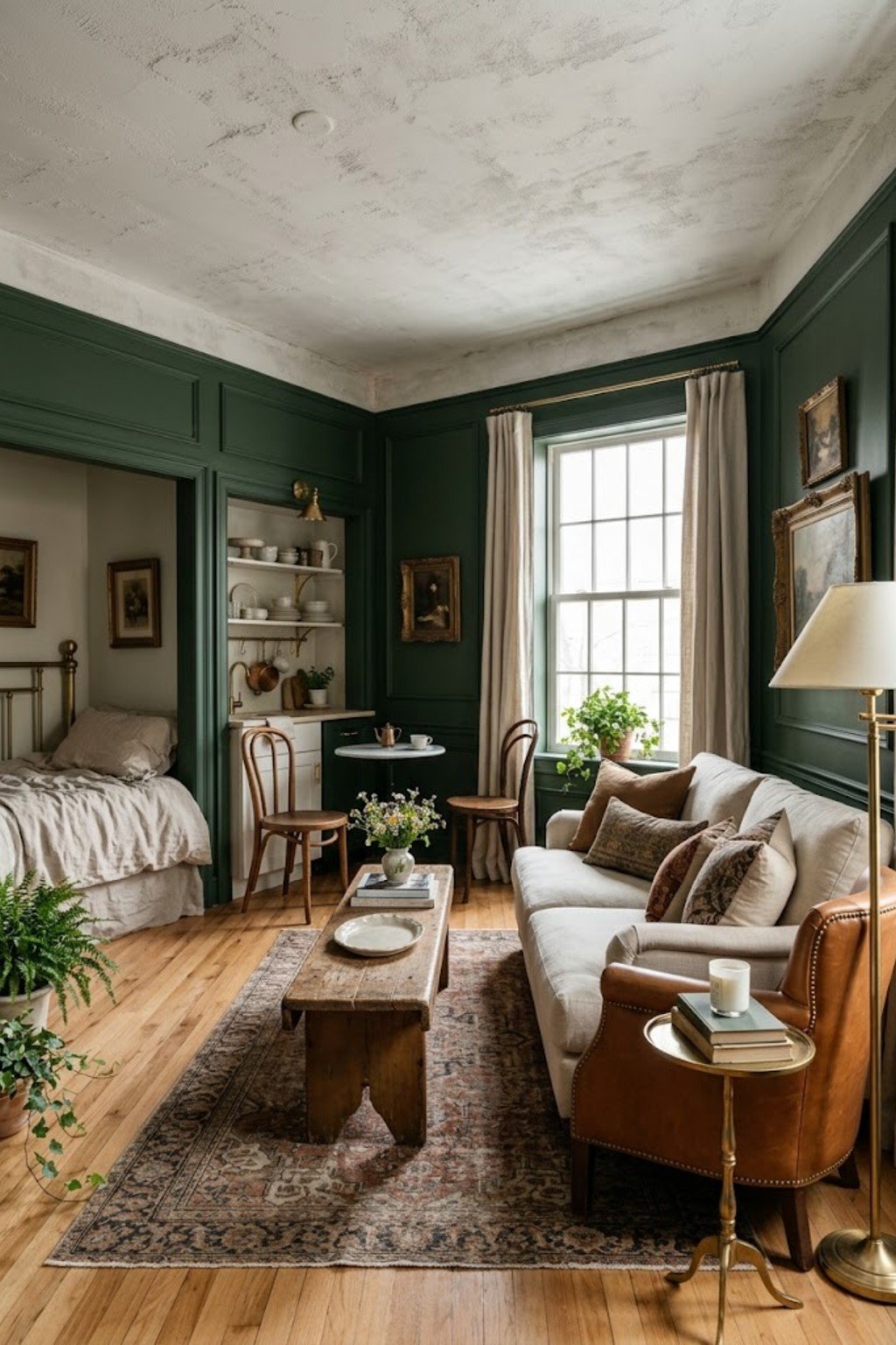 Use a bench as a coffee table in a small studio apartment