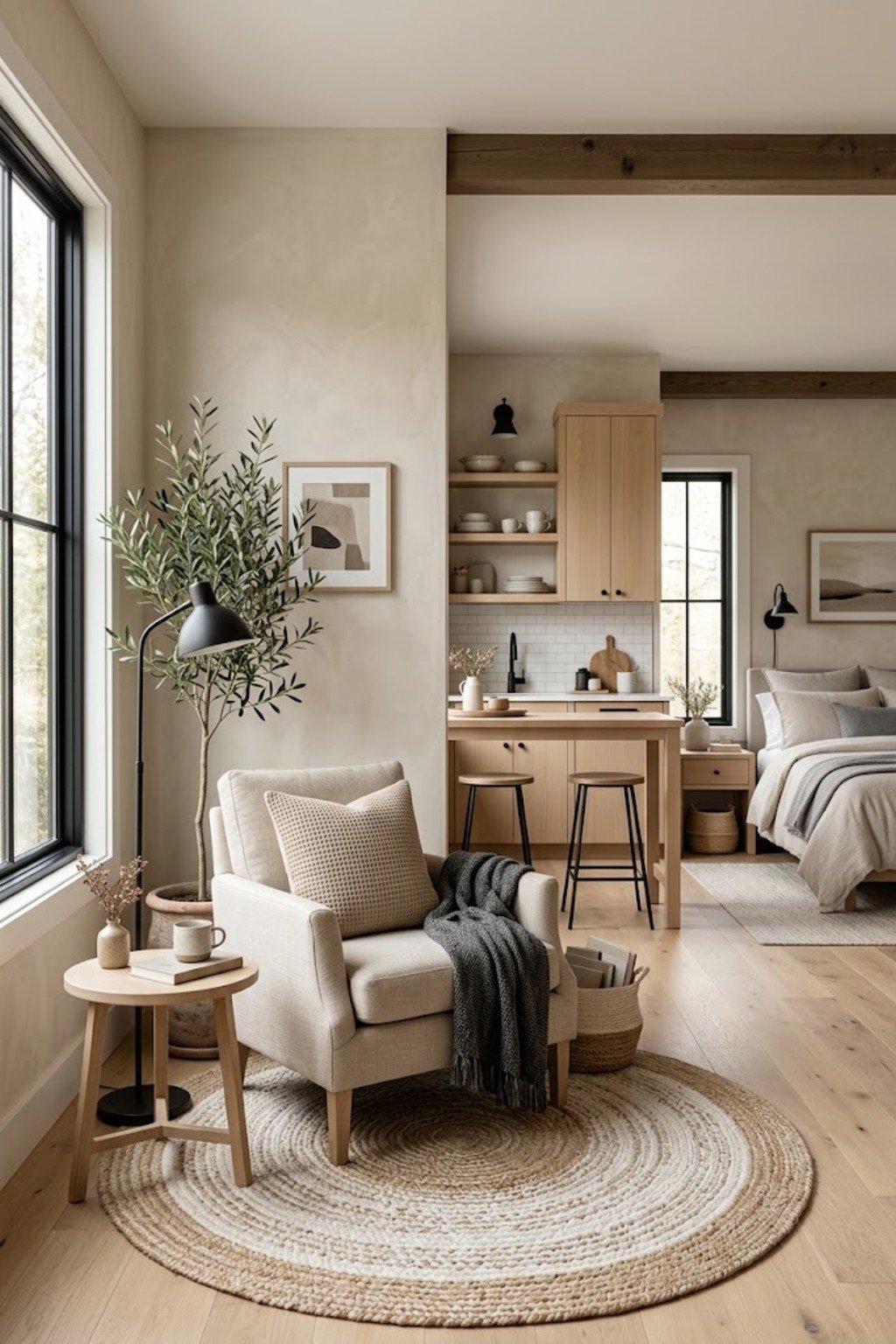 Choose a round rug for a corner zone in a small studio apartment
