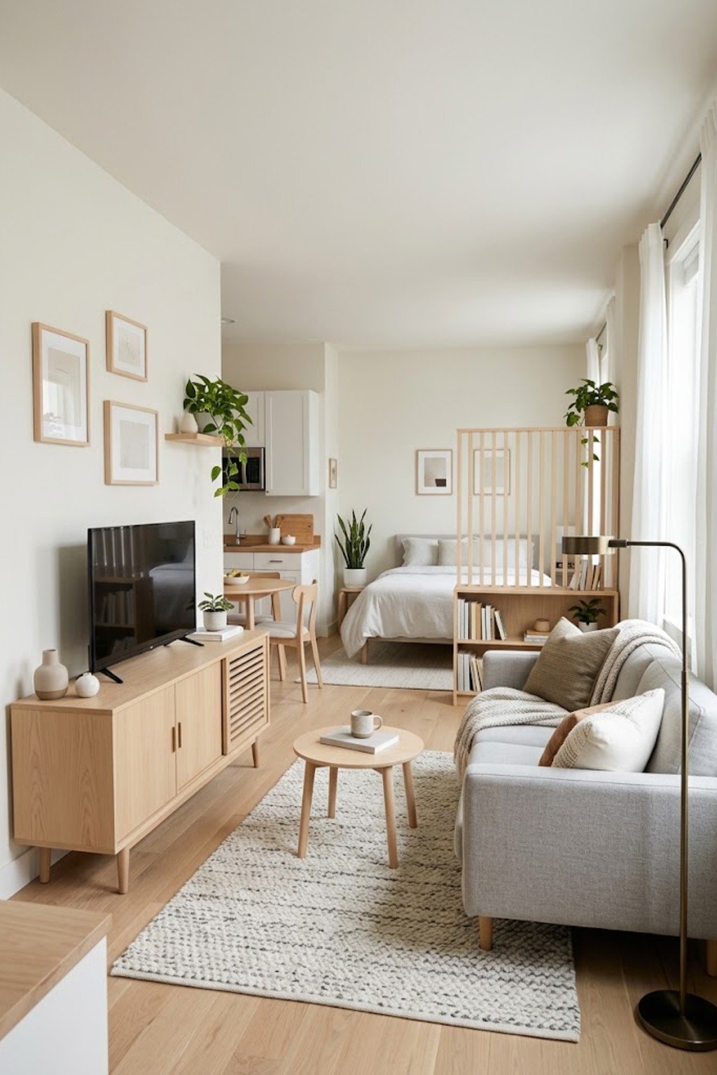 Use a storage TV console in a small studio apartment