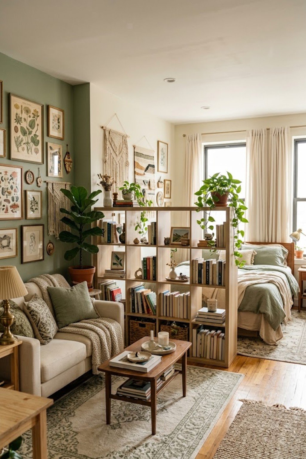 Use an open cube bookcase in a small studio apartment