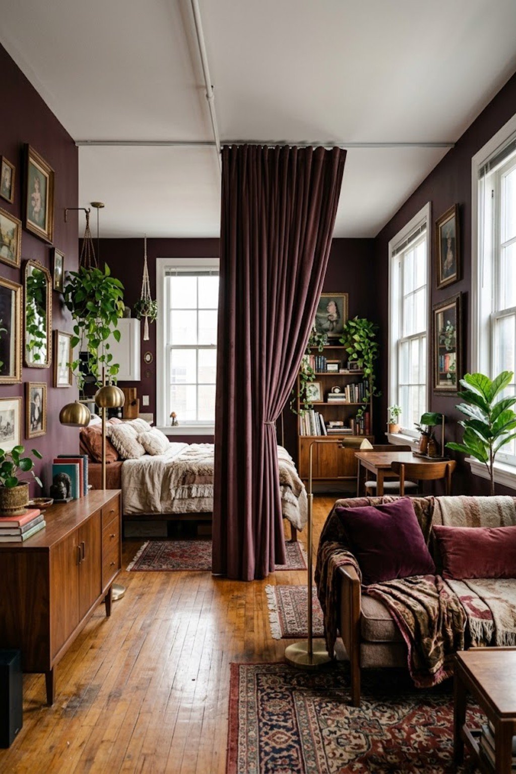 Hang a ceiling-mounted curtain in a small studio apartment