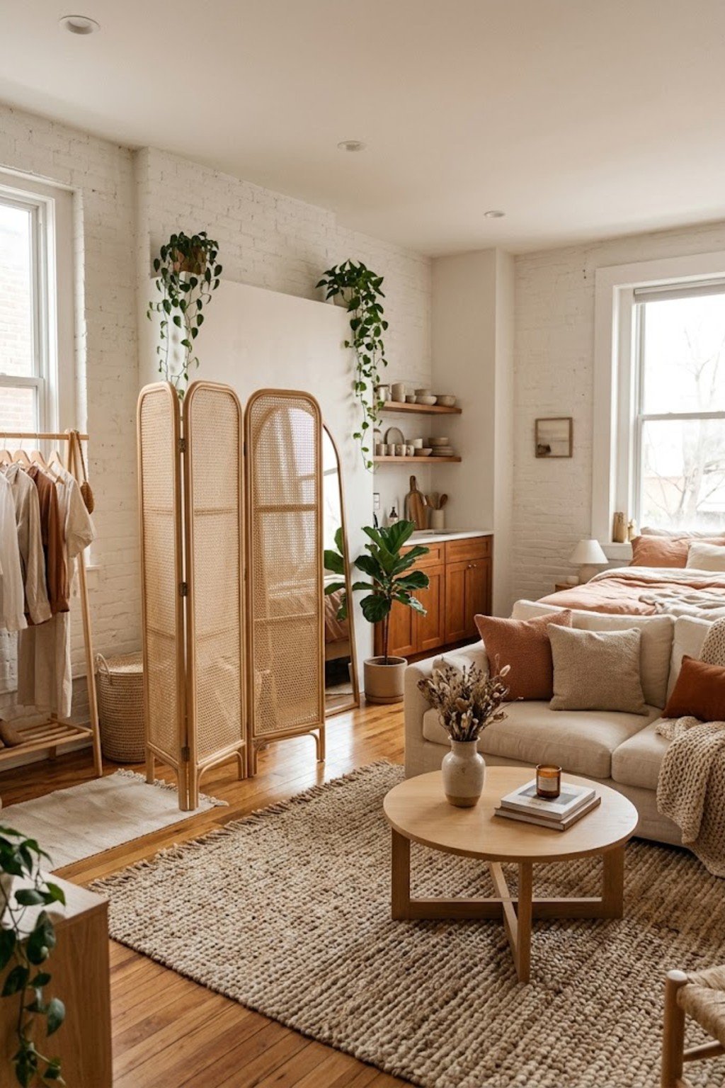 Stand up a folding screen in a small studio apartment