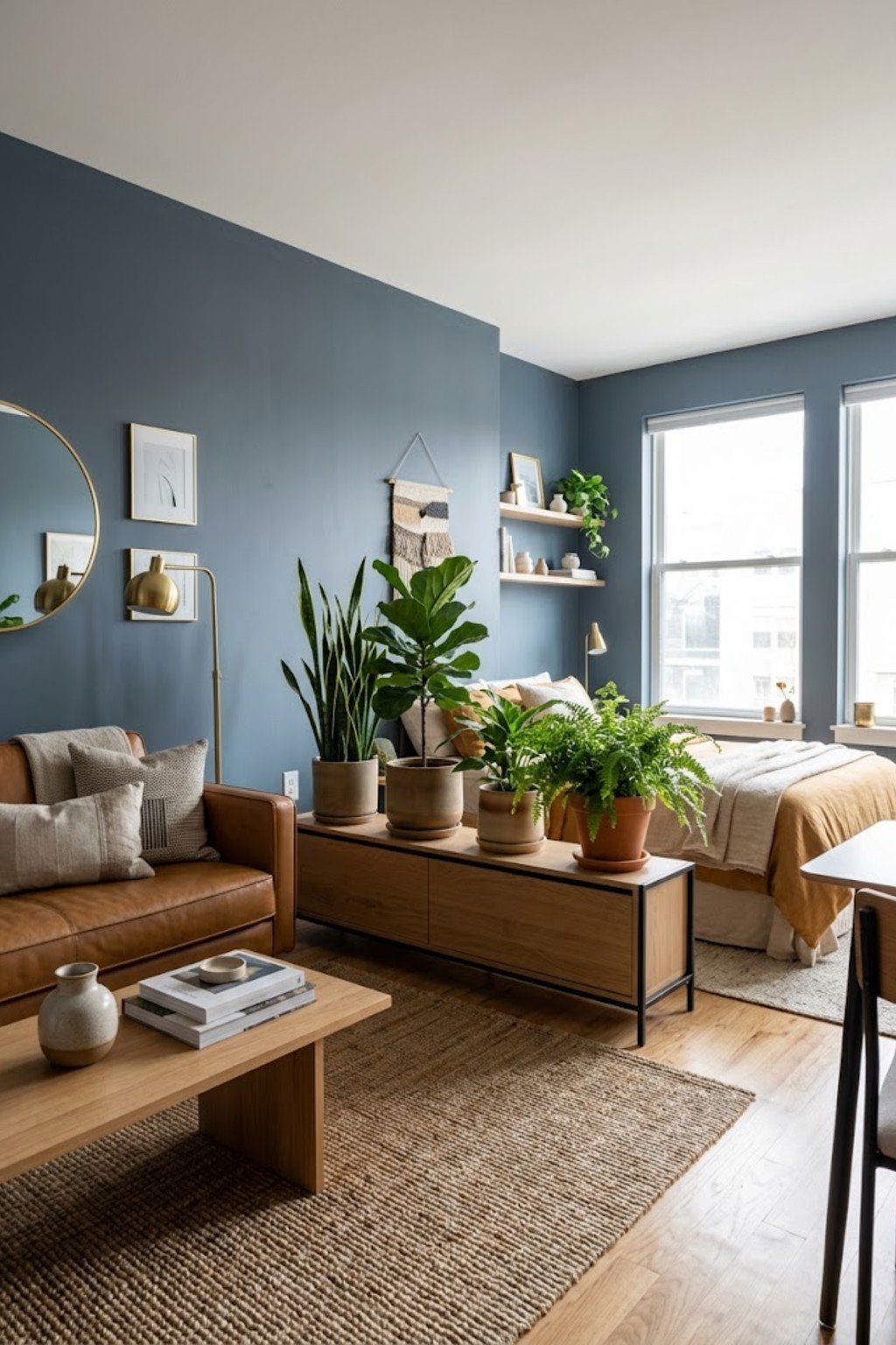 Create a plant wall divider in a small studio apartment