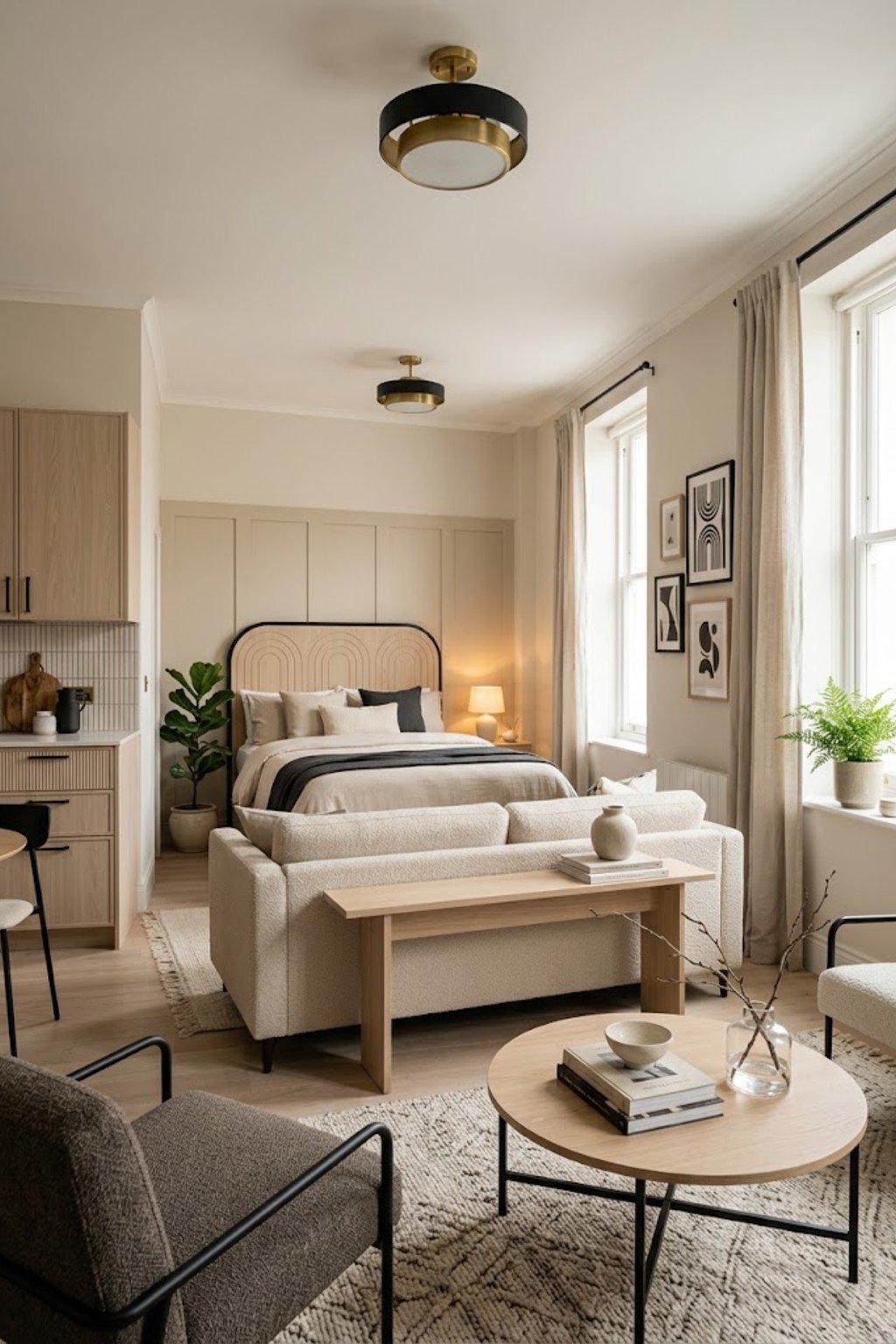 Use a sofa back as a border in a small studio apartment