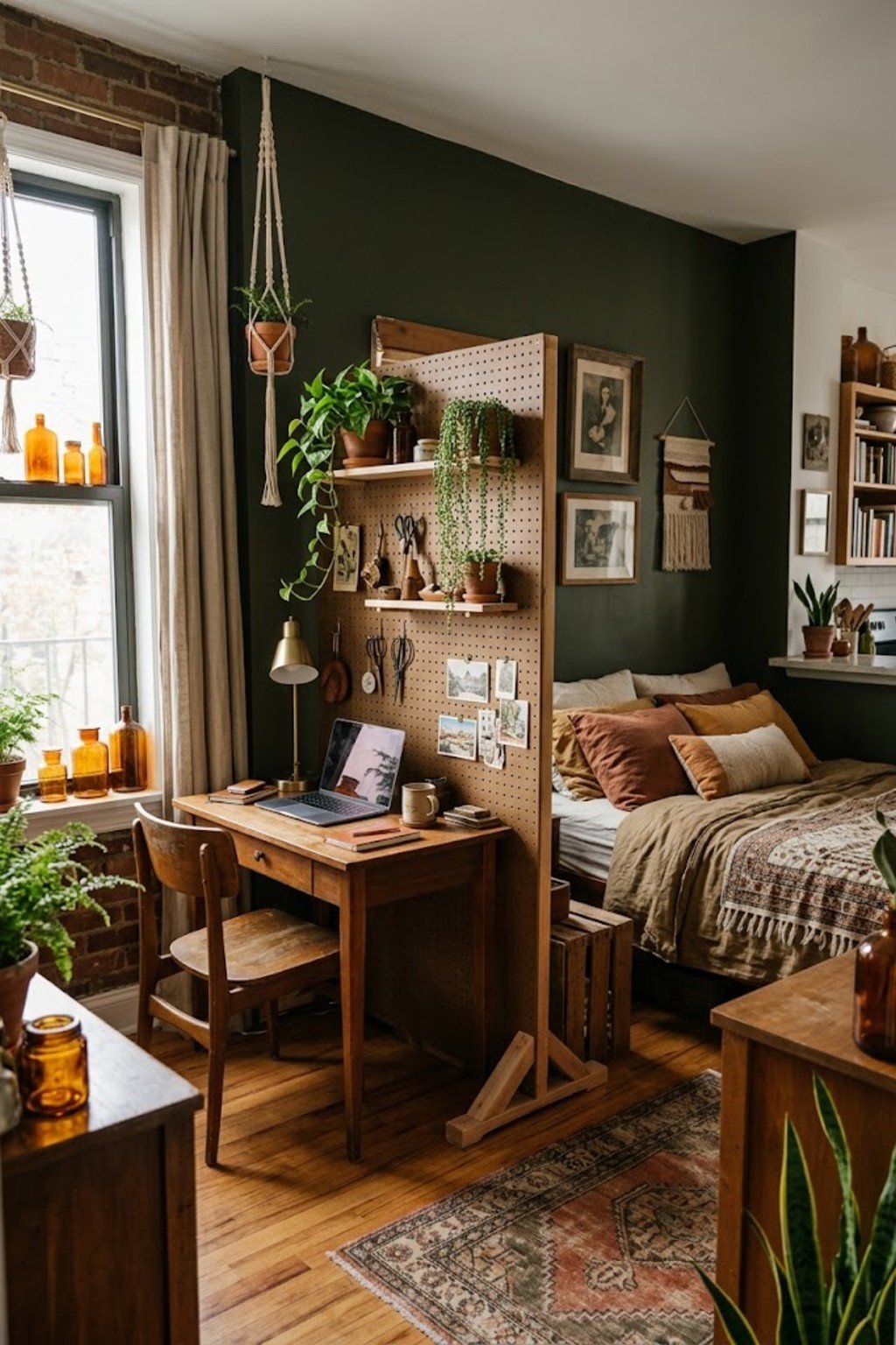 Try a pegboard divider panel in a small studio apartment