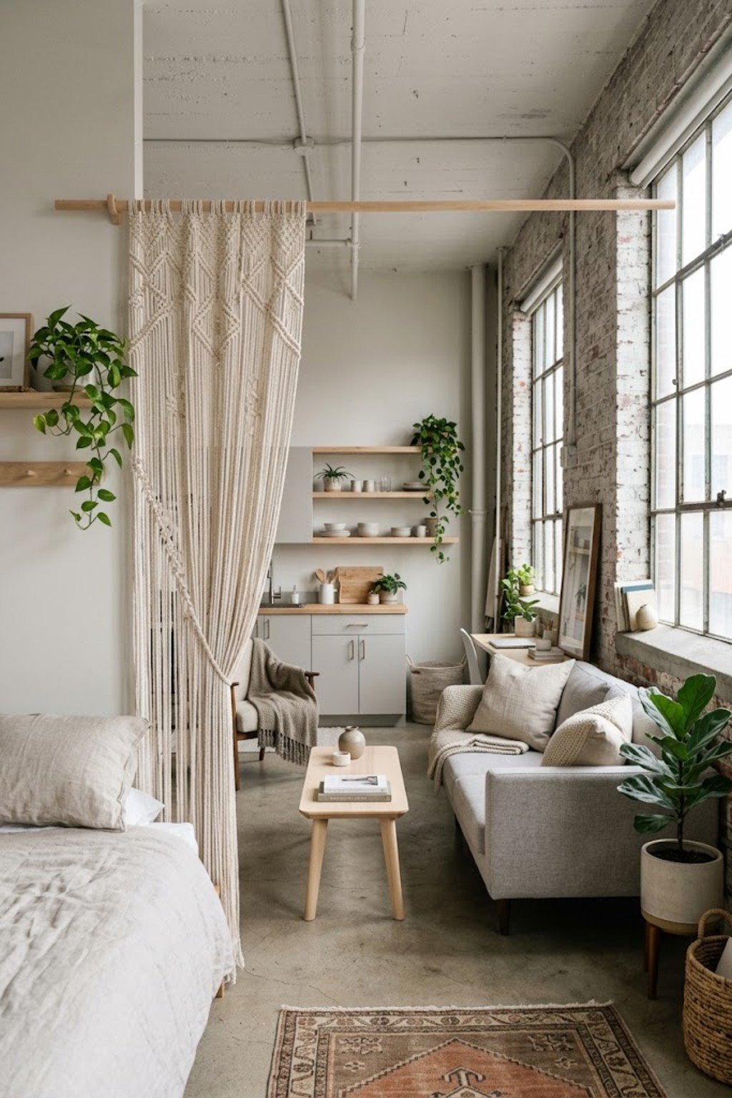 Hang a macrame or bead curtain in a small studio apartment