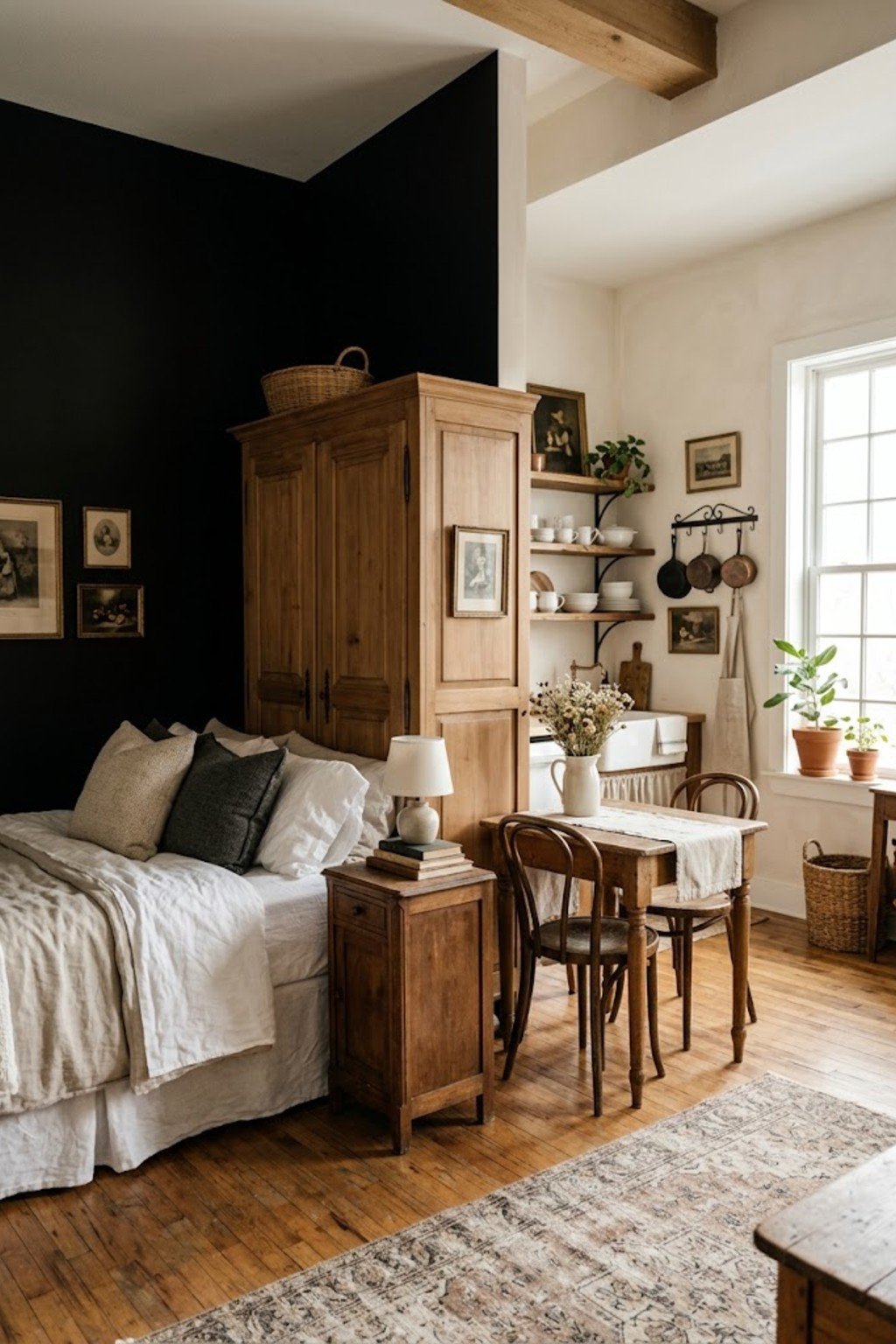 Use a tall wardrobe as a wall in a small studio apartment