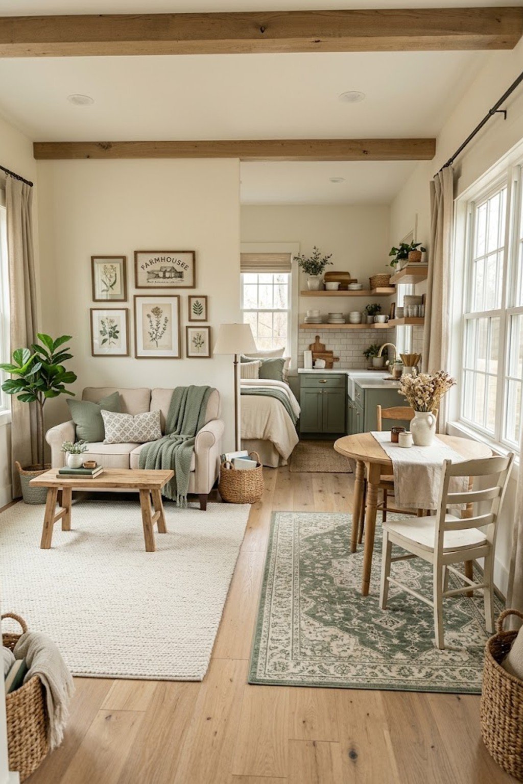 Define zones with different rugs in a small studio apartment