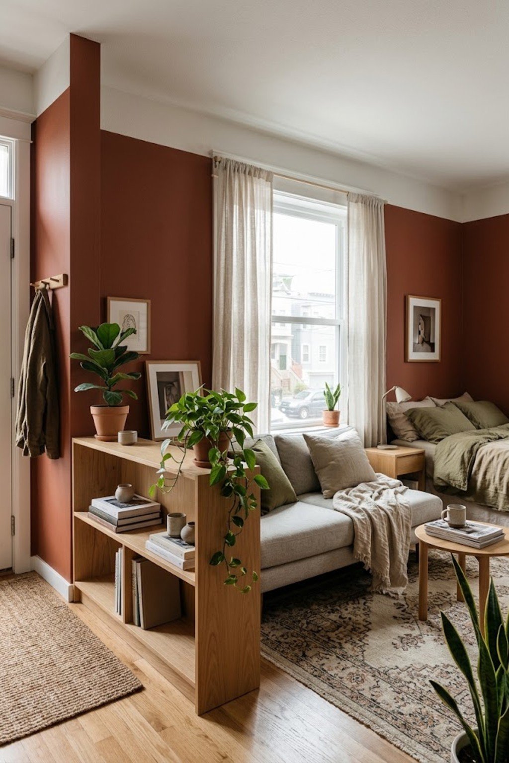 Add a half-height shelf in a small studio apartment