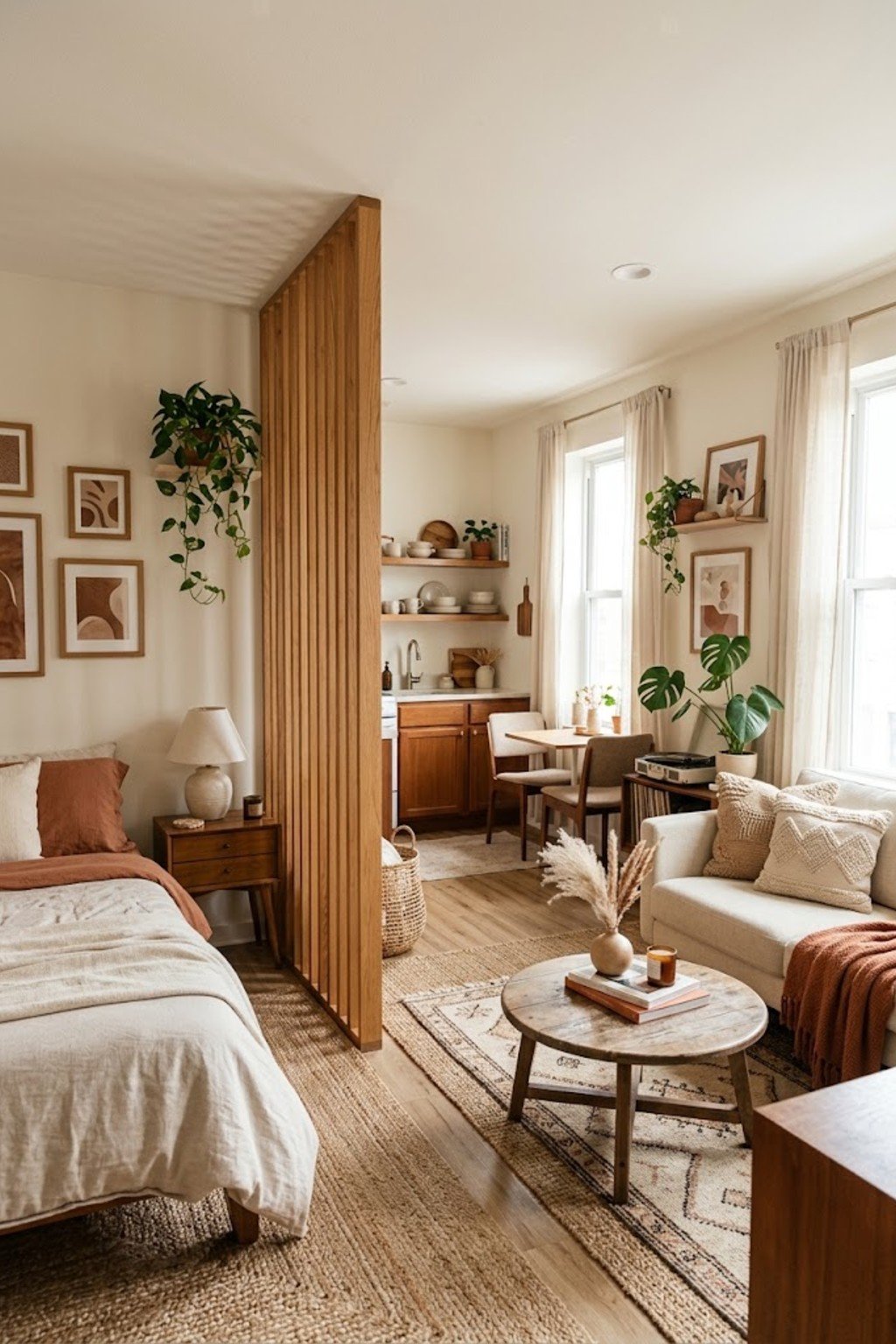 Use a slatted wood room divider in a small studio apartment