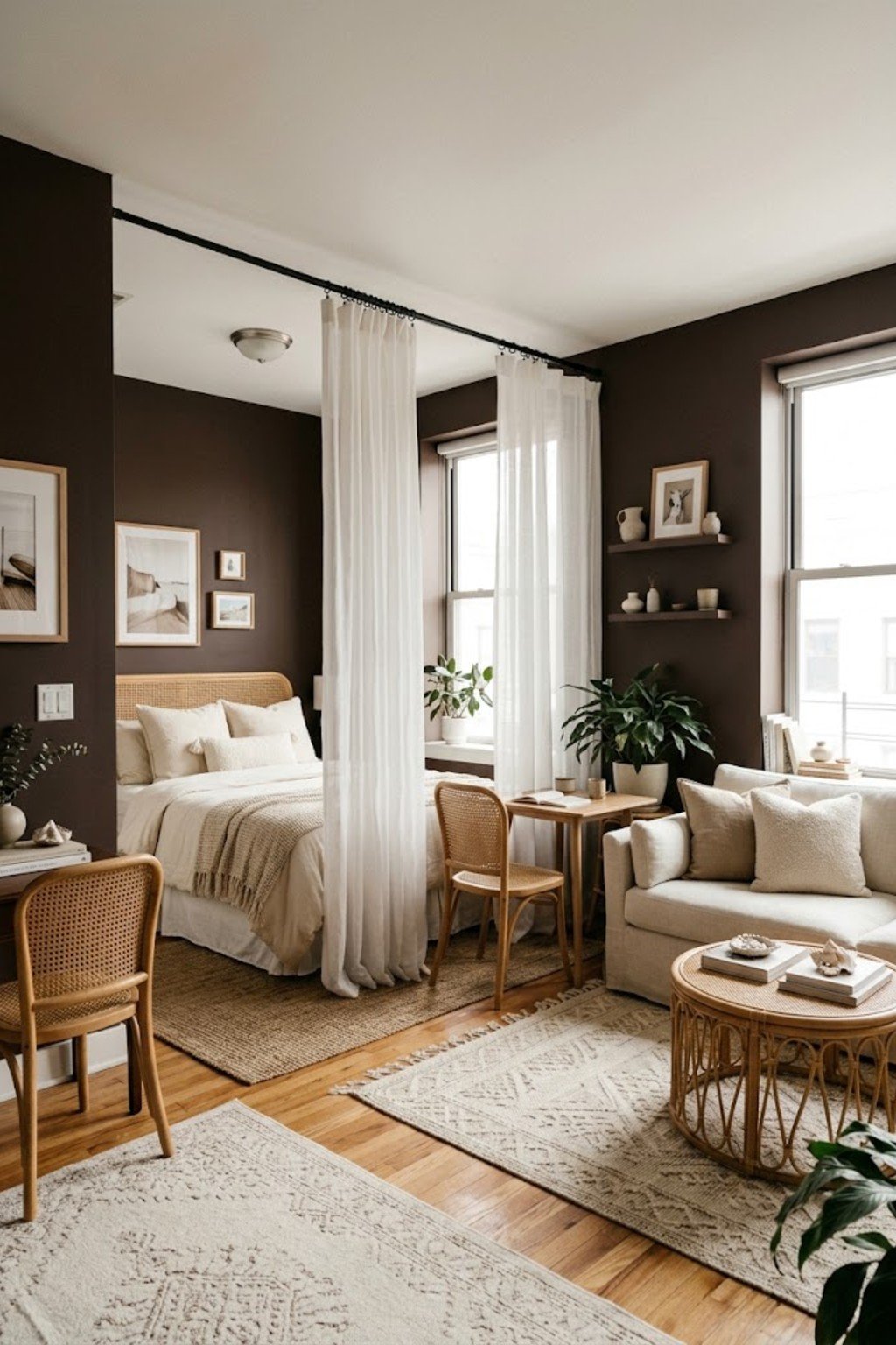 Hang sheer panels on a tension rod in a small studio apartment