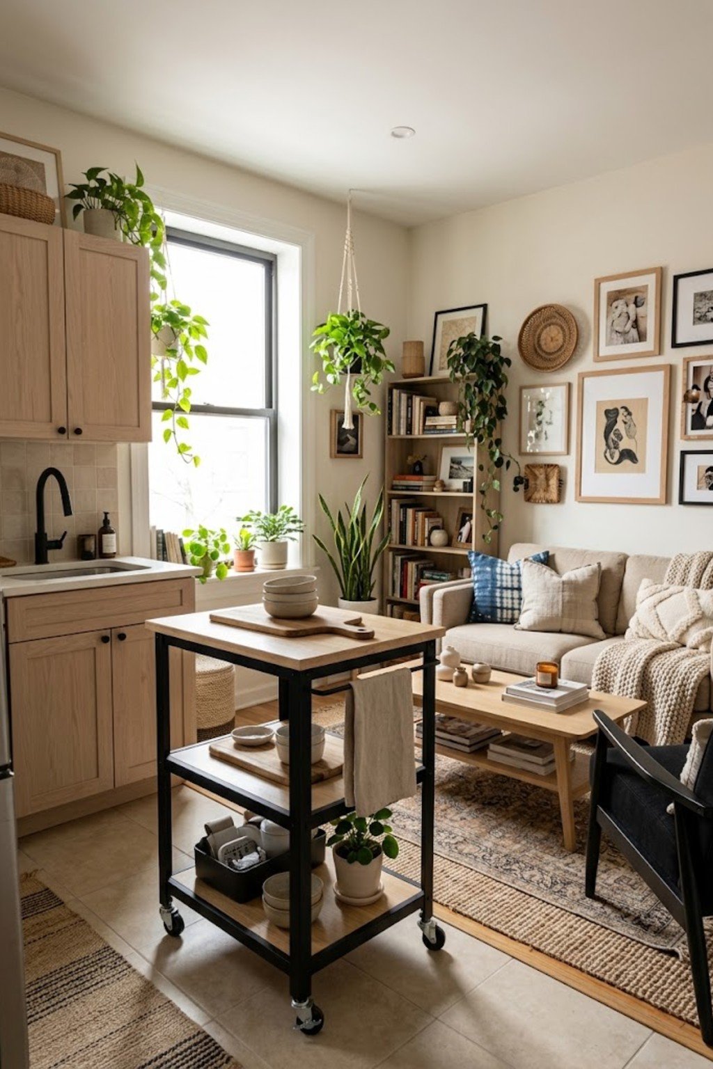 Use a kitchen island cart in a small studio apartment