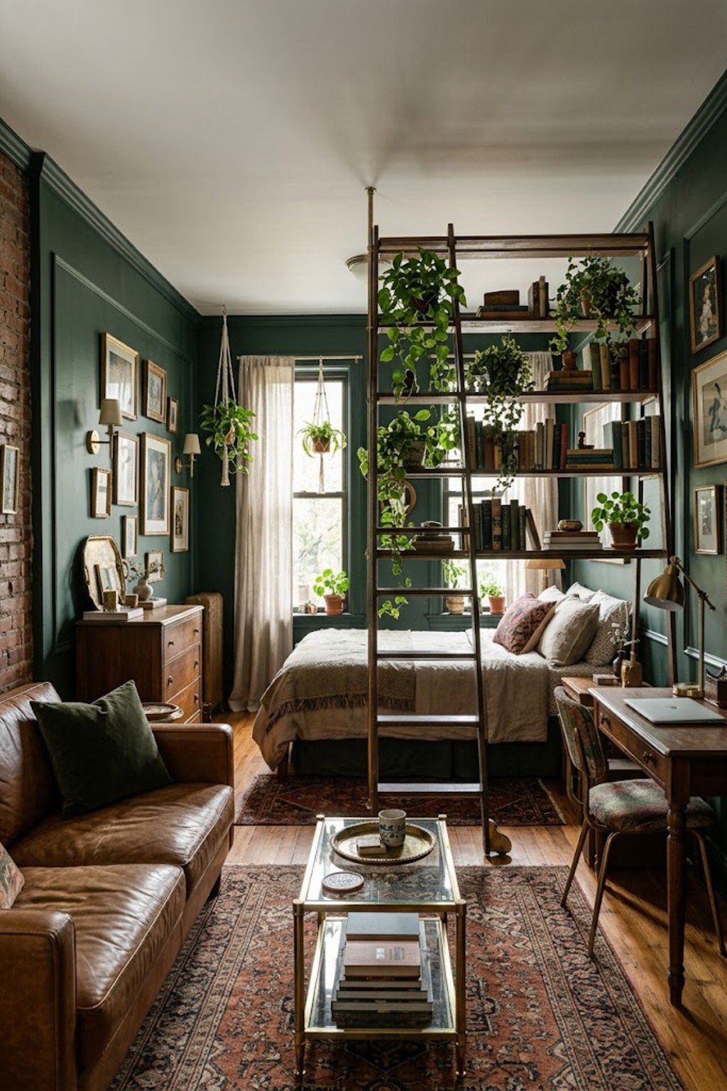 Place a ladder shelf as a light divider in a small studio apartment