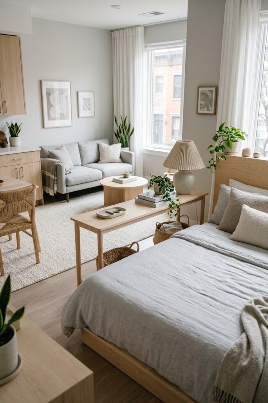 Use a console table behind the bed in a small studio apartment