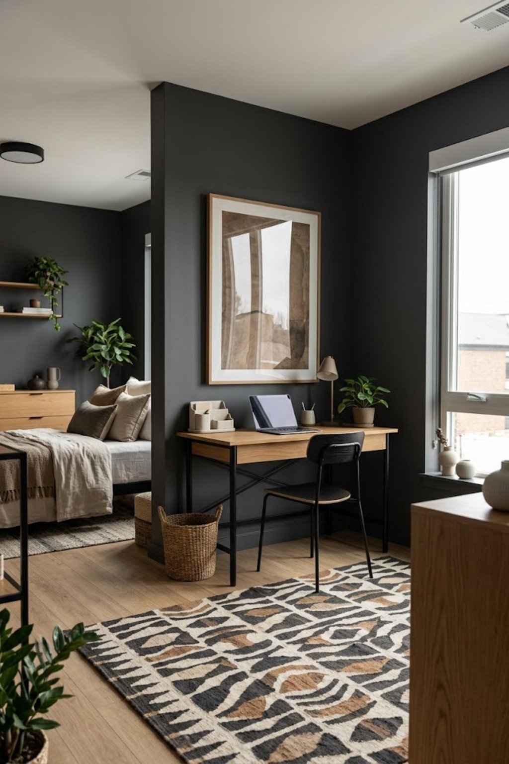 Paint-free color blocking with a rug and art in a small studio apartment