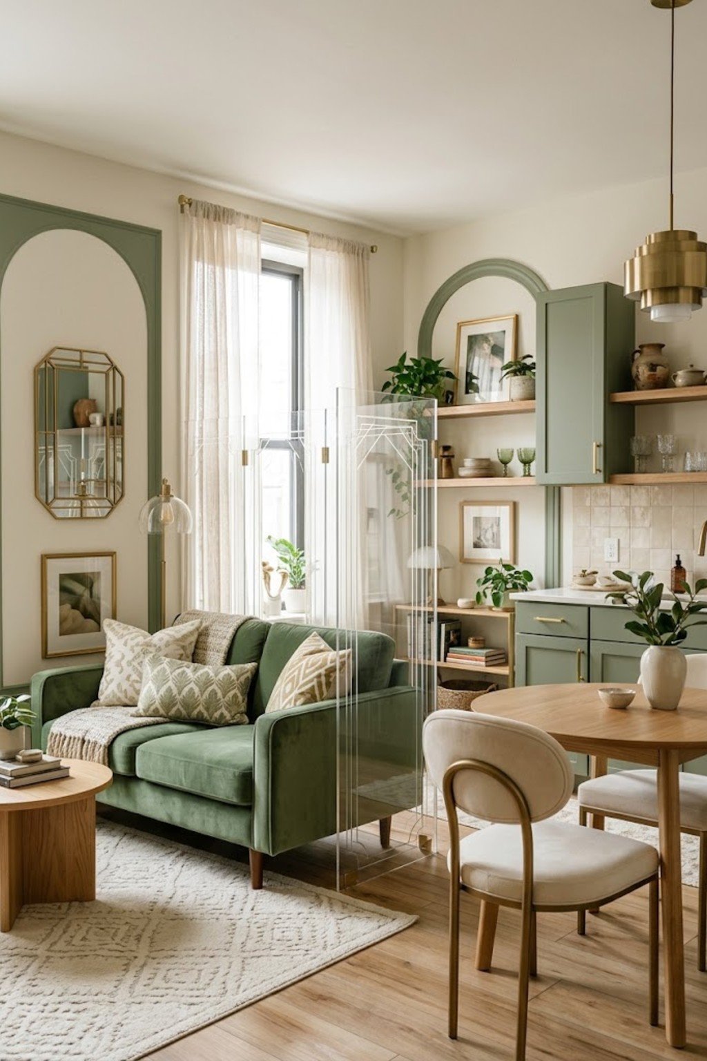 Hang a glass-look acrylic panel in a small studio apartment