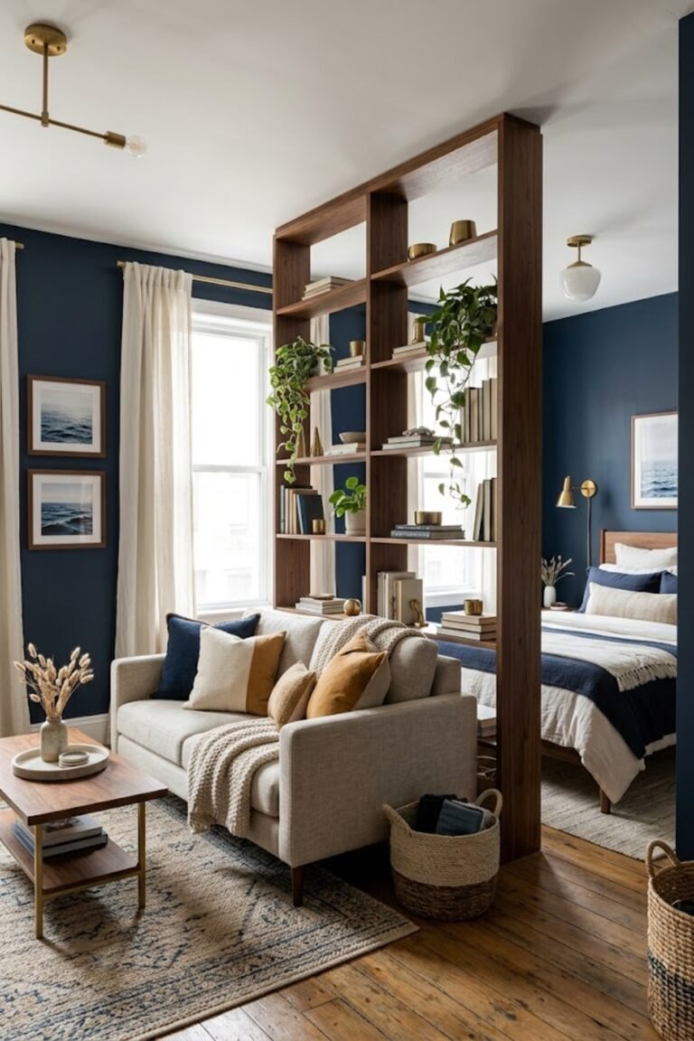 Styled small studio apartment – studio apartment room divider ideas