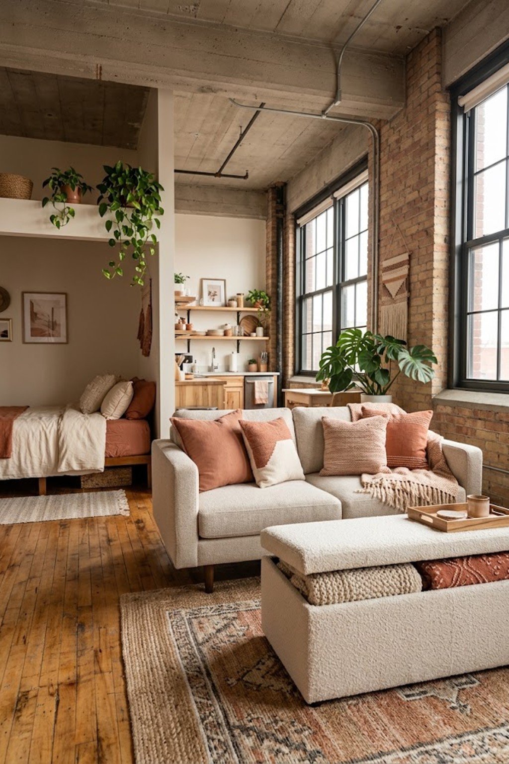 Use a storage ottoman in a small studio apartment