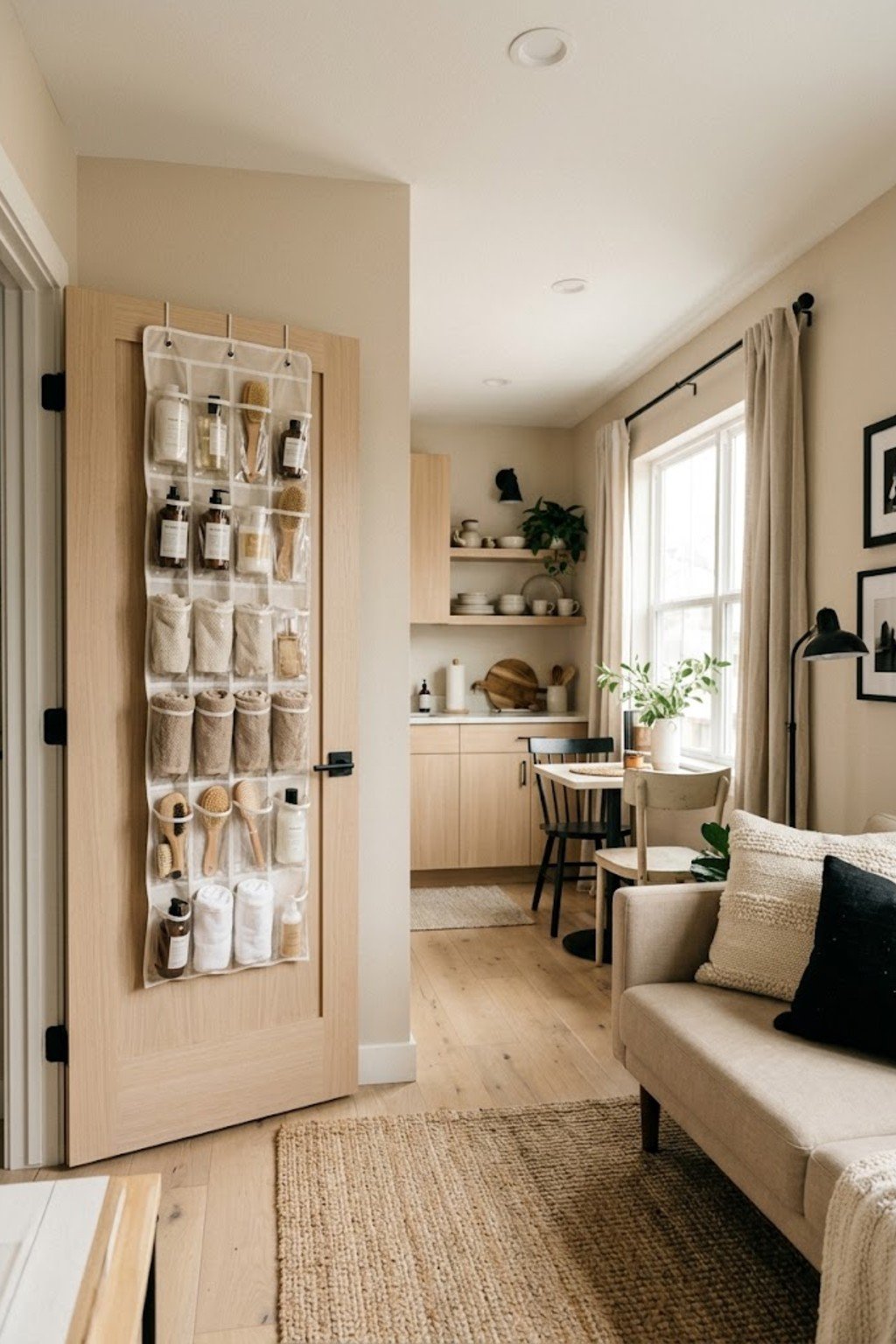 Hang an over-the-door organizer in a small studio apartment
