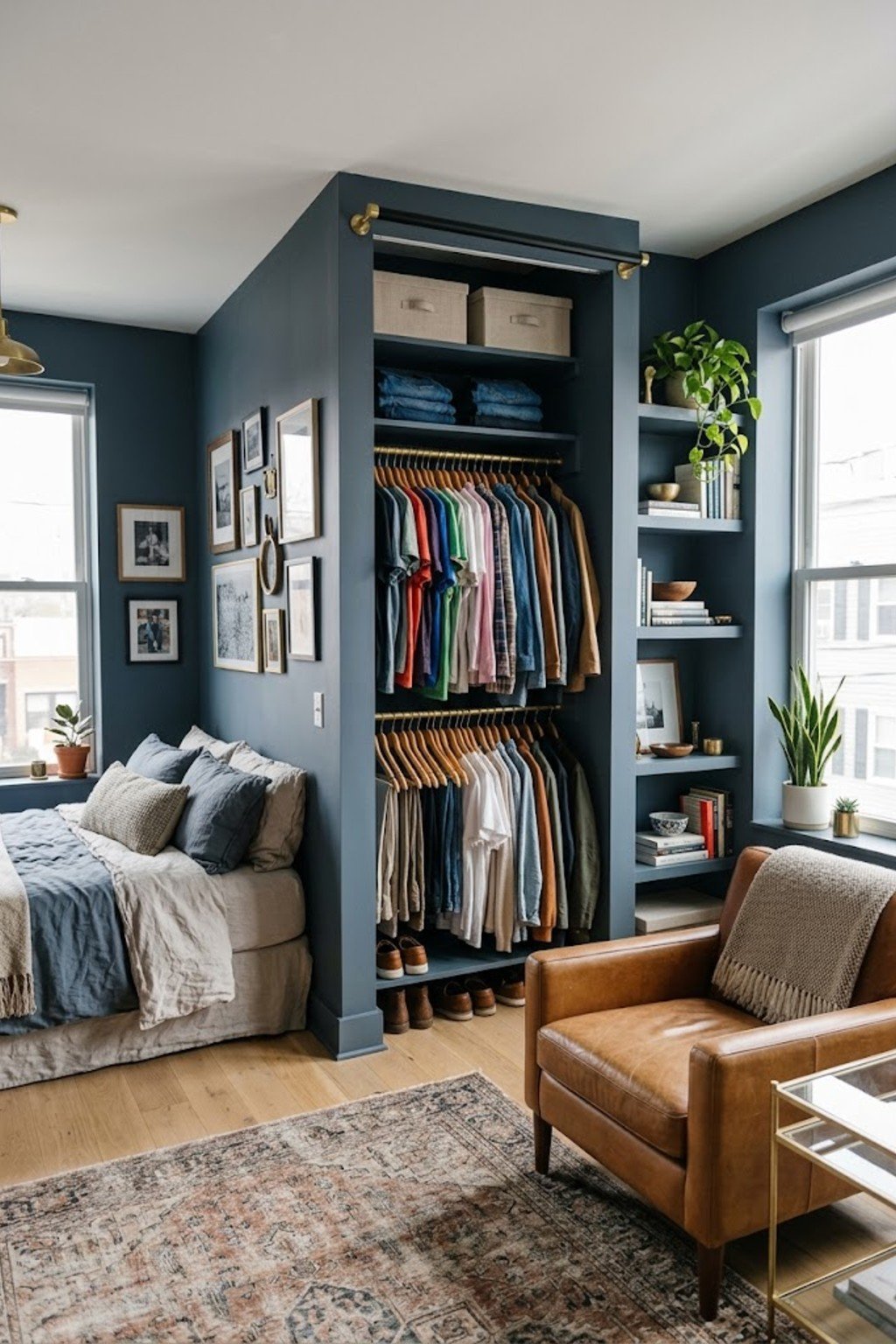Install a closet double rod in a small studio apartment