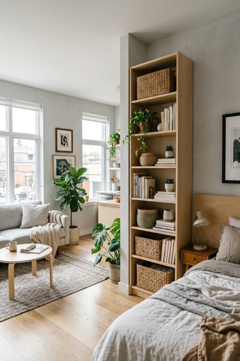 Use a tall narrow bookcase in a small studio apartment
