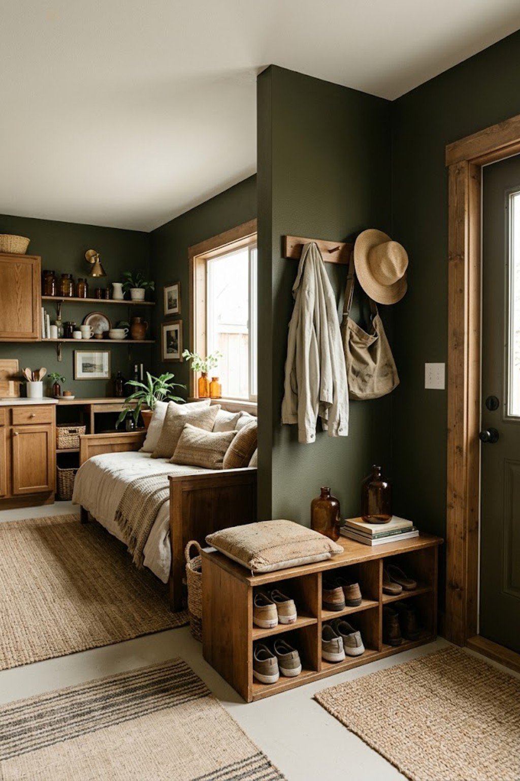 Add a bench with storage by the door in a small studio apartment