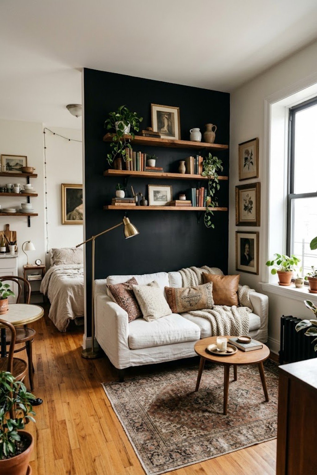Hang wall shelves above the sofa in a small studio apartment