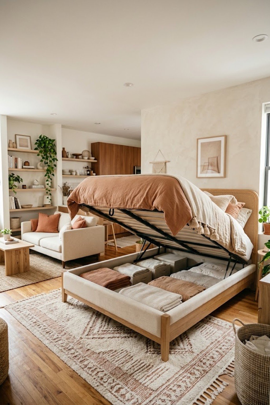 Use a bed with a lift-up base in a small studio apartment