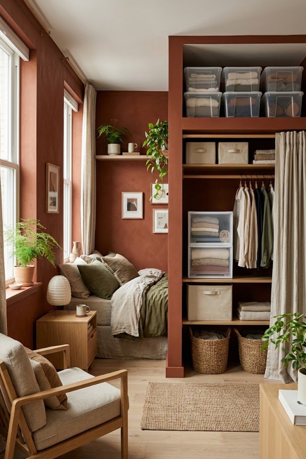 Add stackable clear bins in the closet in a small studio apartment