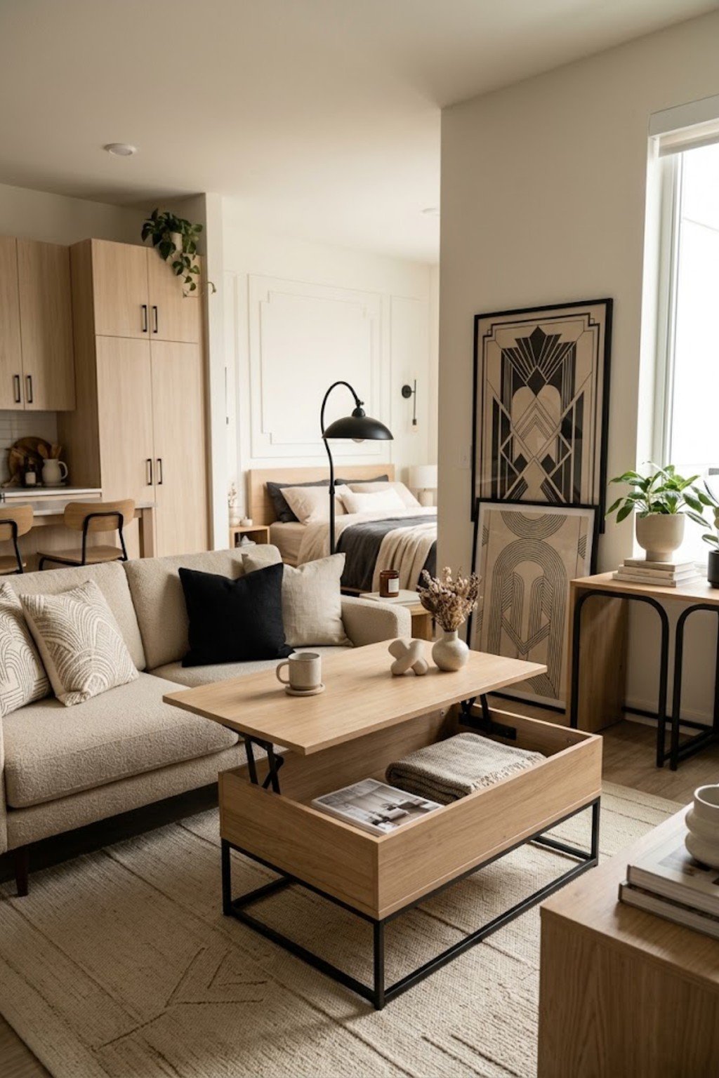 Use a coffee table with storage in a small studio apartment