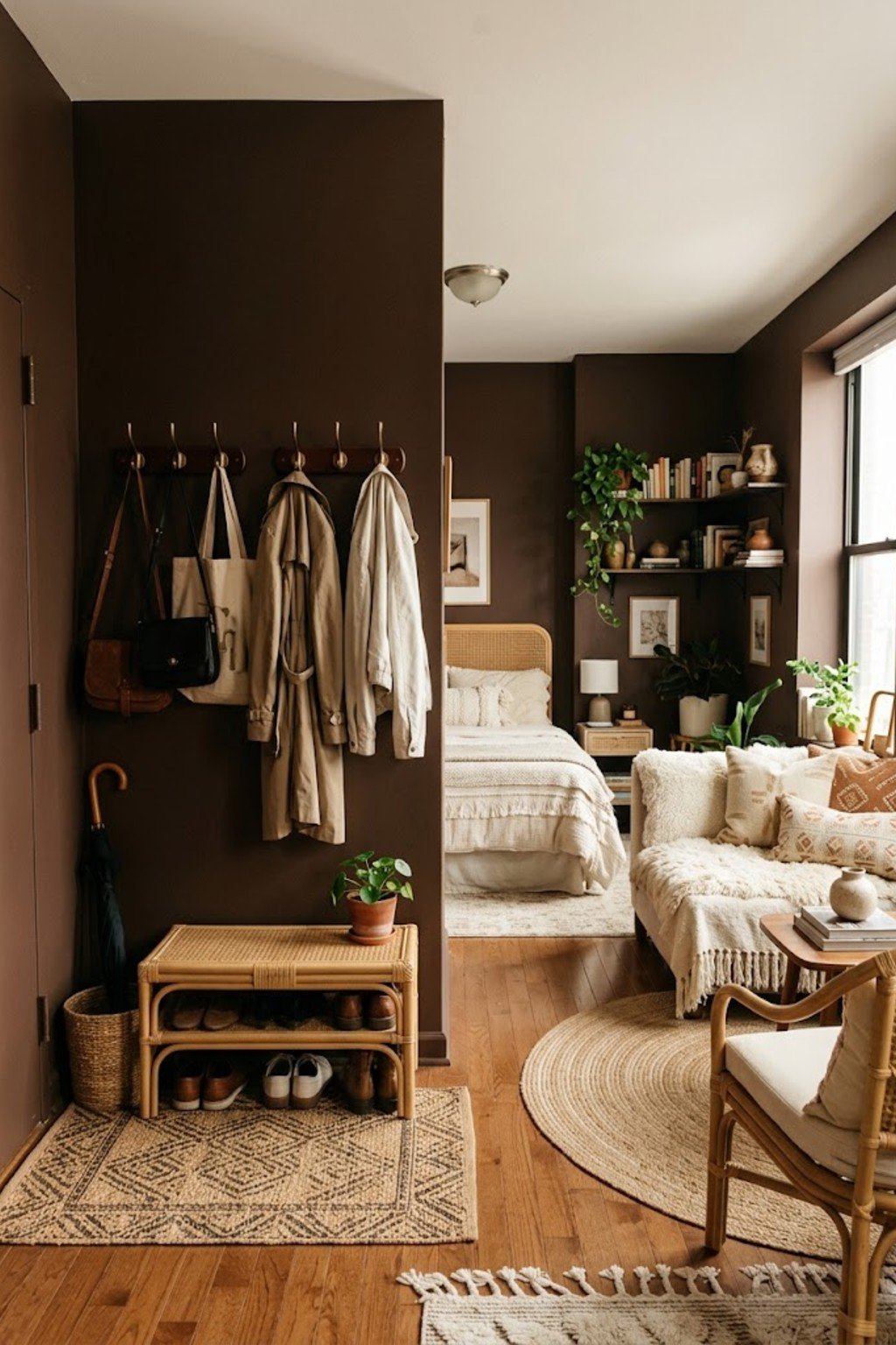 Hang hooks for bags and coats in a small studio apartment