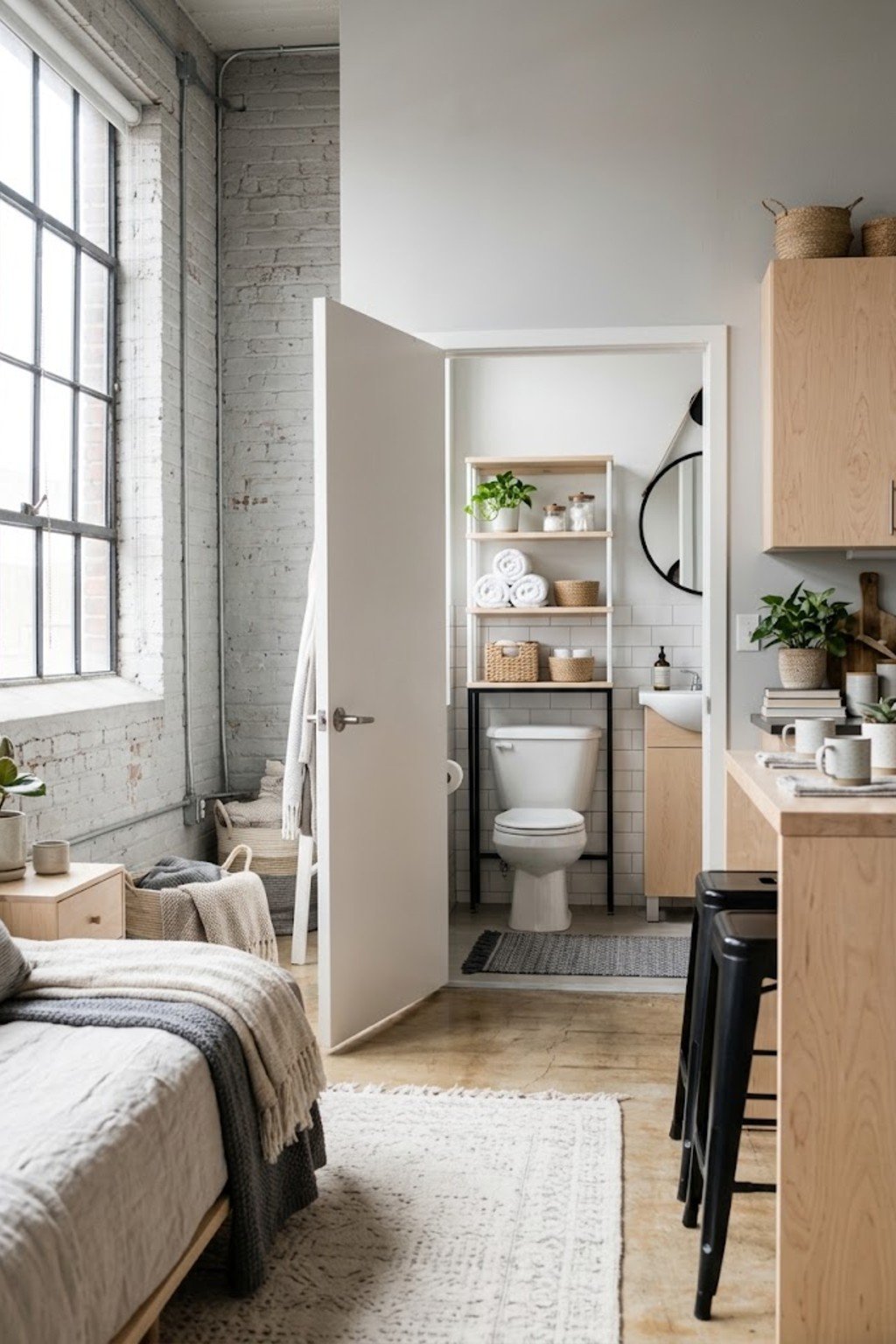 Put a cabinet above the toilet in a small studio apartment