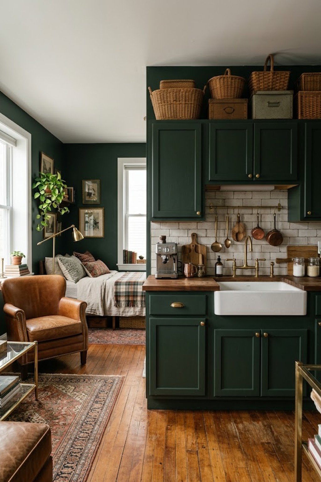 Use the space above kitchen cabinets in a small studio apartment