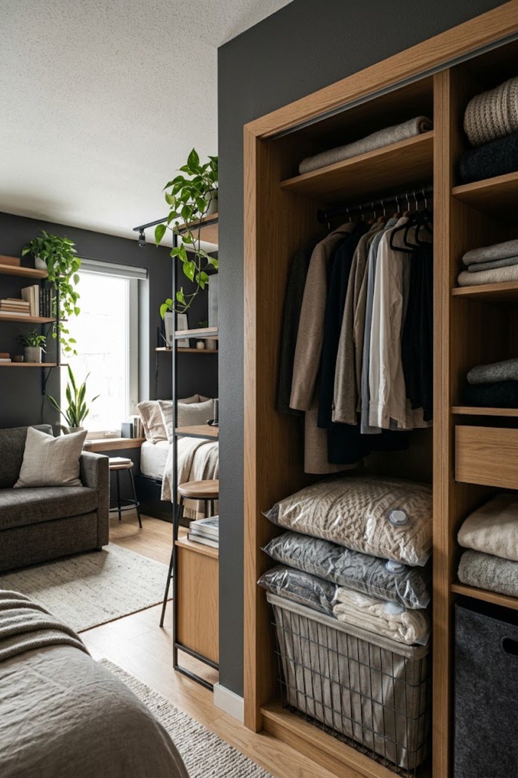 Use vacuum bags for winter clothes in a small studio apartment