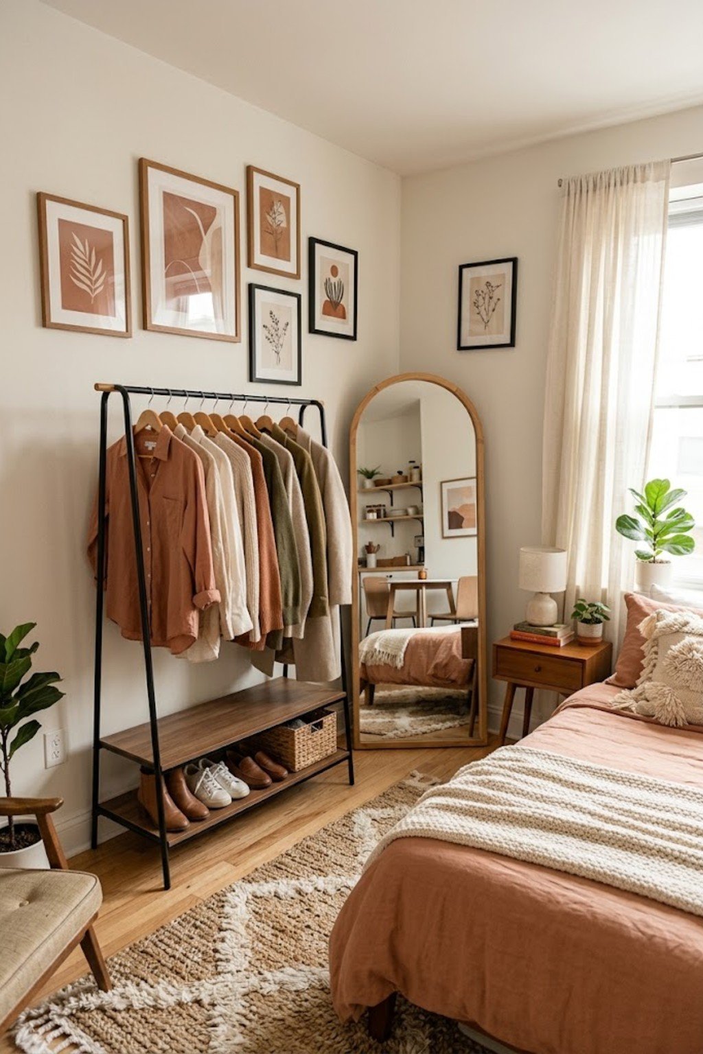 Add a freestanding clothing rack in a small studio apartment