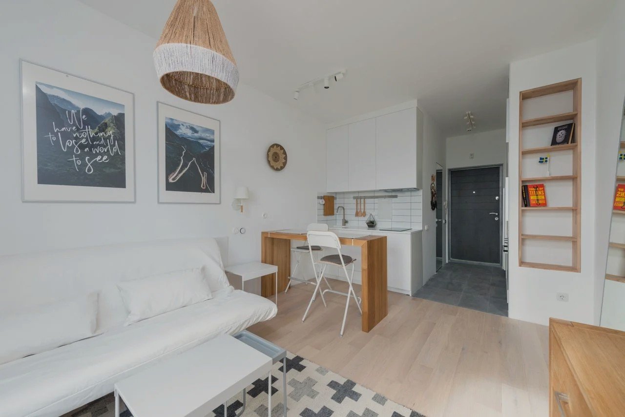 Minimalist studio apartment with zoned furniture layout